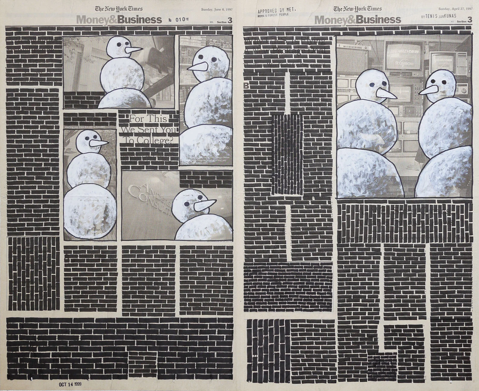   Money &amp; Business  #010, 1999. Permanent markers and correction fluid on newspaper mounted on canvas. 