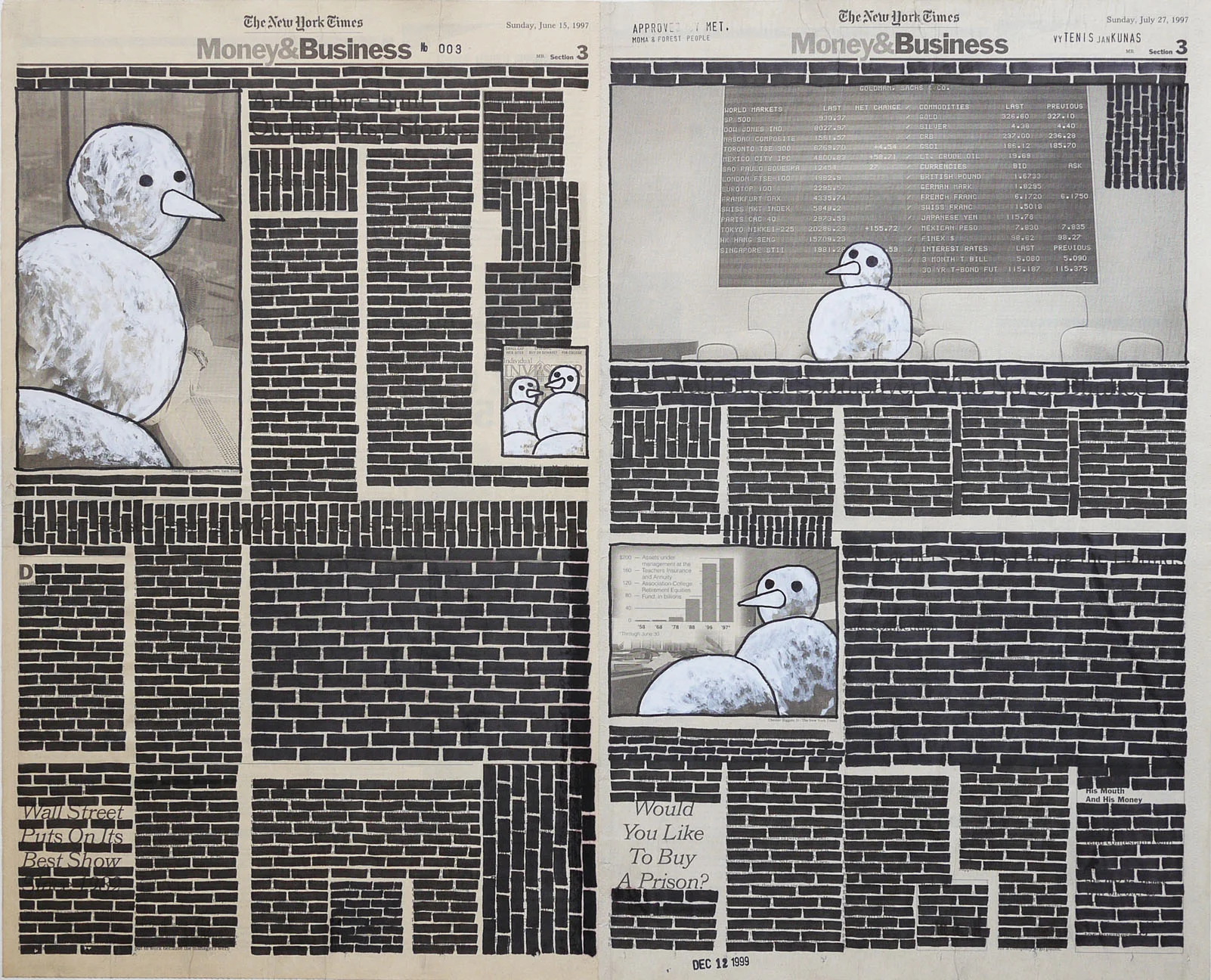   Money &amp; Business  #003, 1999. Permanent markers and correction fluid on newspaper mounted on canvas. 