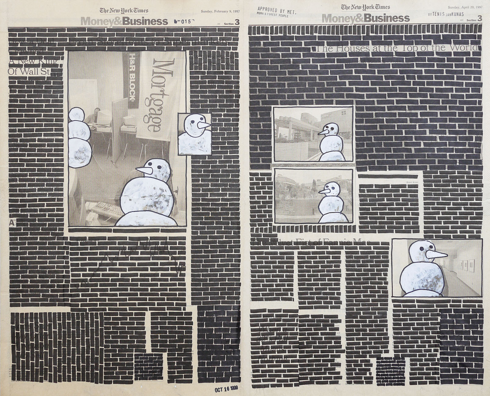   Money &amp; Business  #015, 1999. Permanent markers and correction fluid on newspaper mounted on canvas. 