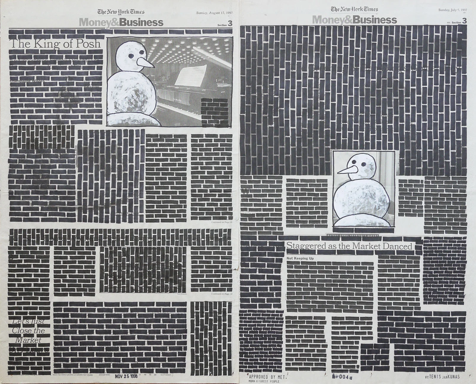   Money &amp; Business  #004, 1999. Permanent markers and correction fluid on newspaper mounted on canvas. 