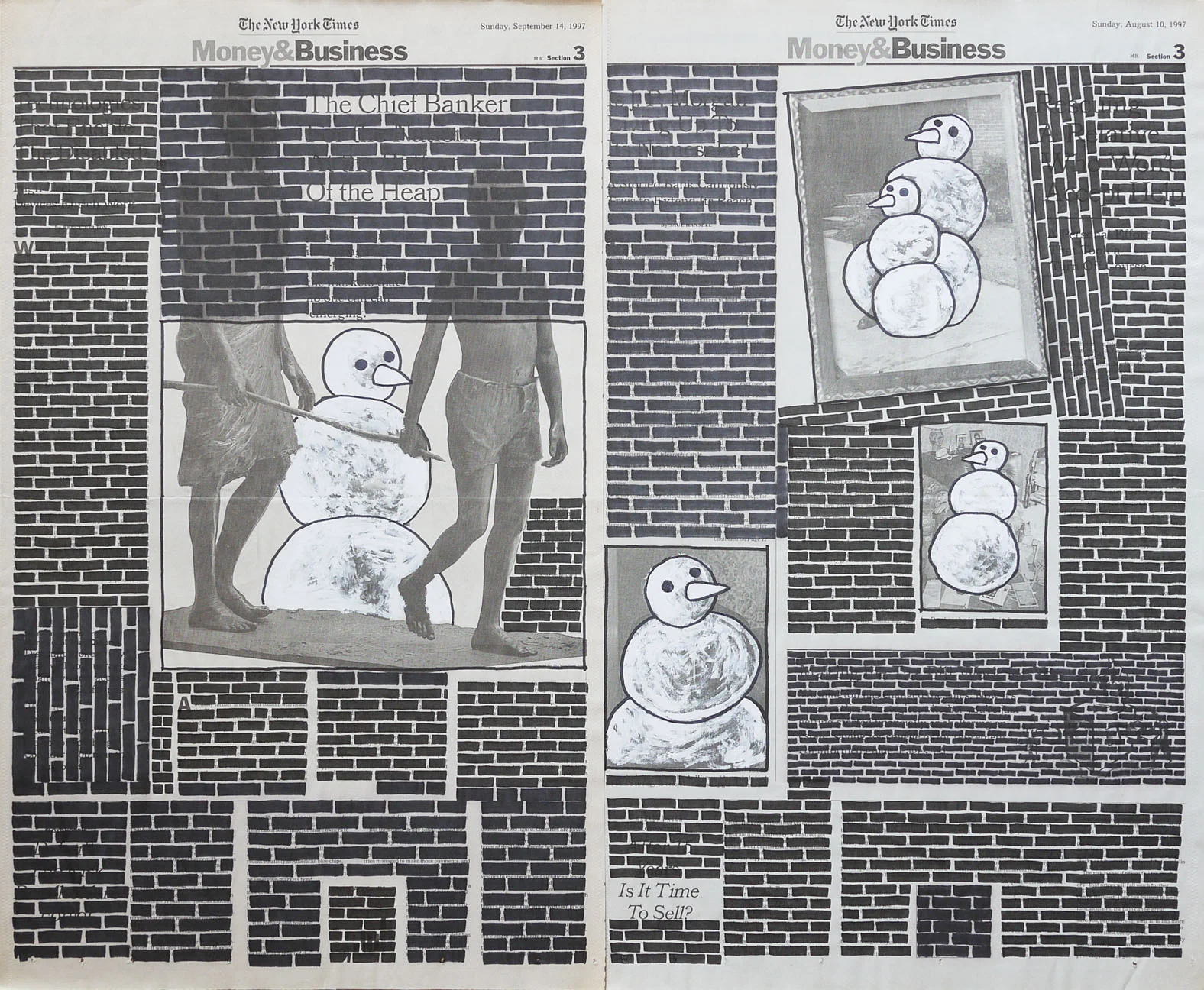   Money &amp; Business  #000, 1999. Permanent markers and correction fluid on newspaper mounted on canvas. 