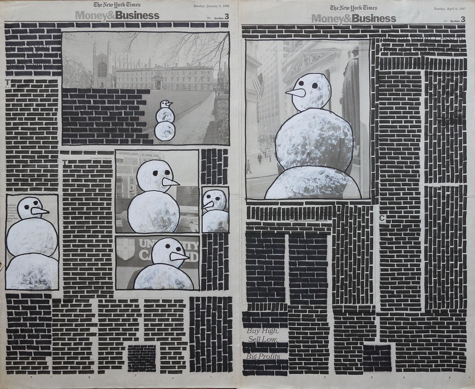   Money &amp; Business  #000, 1999. Permanent markers and correction fluid on newspaper mounted on canvas. 