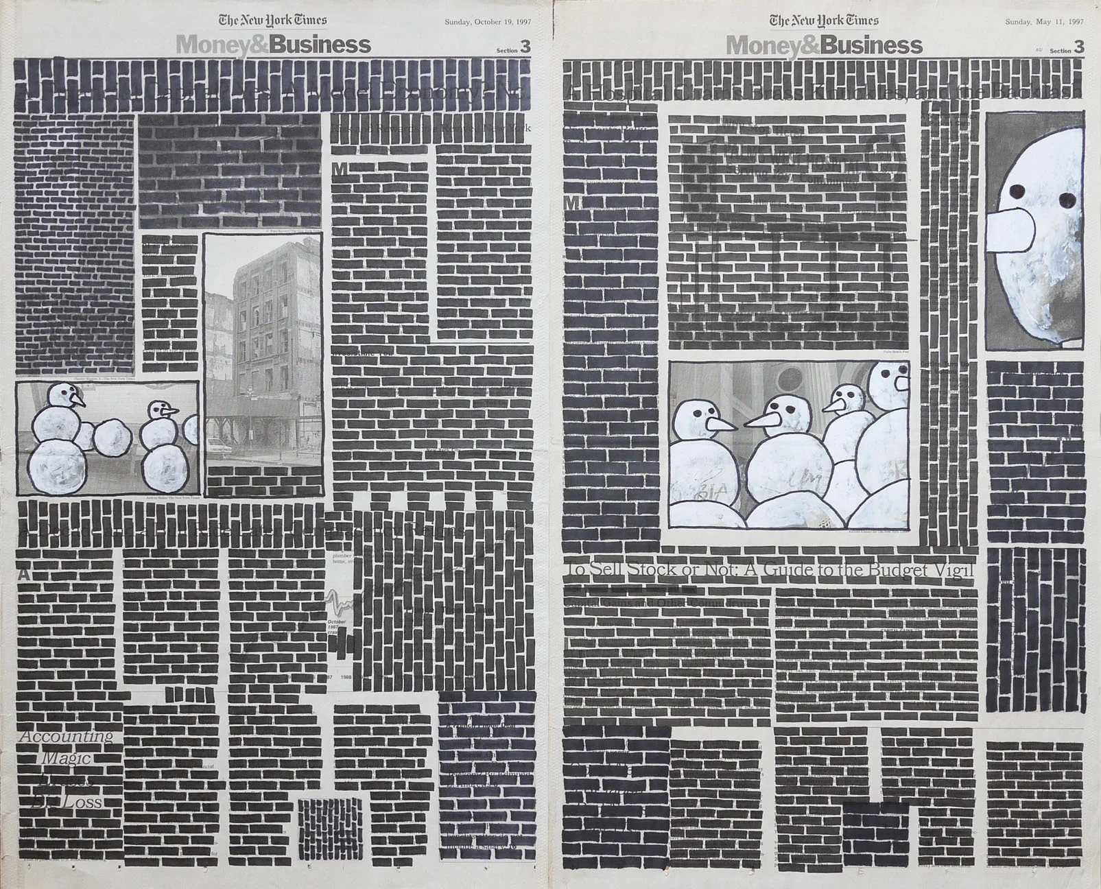   Money &amp; Business  #000, 1999. Permanent markers and correction fluid on newspaper mounted on canvas. 