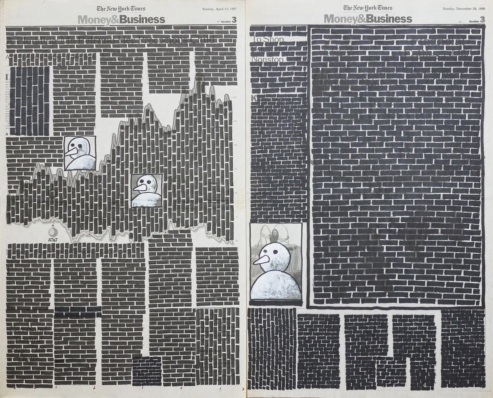   Money &amp; Business  #000, 1999. Permanent markers and correction fluid on newspaper mounted on canvas. 