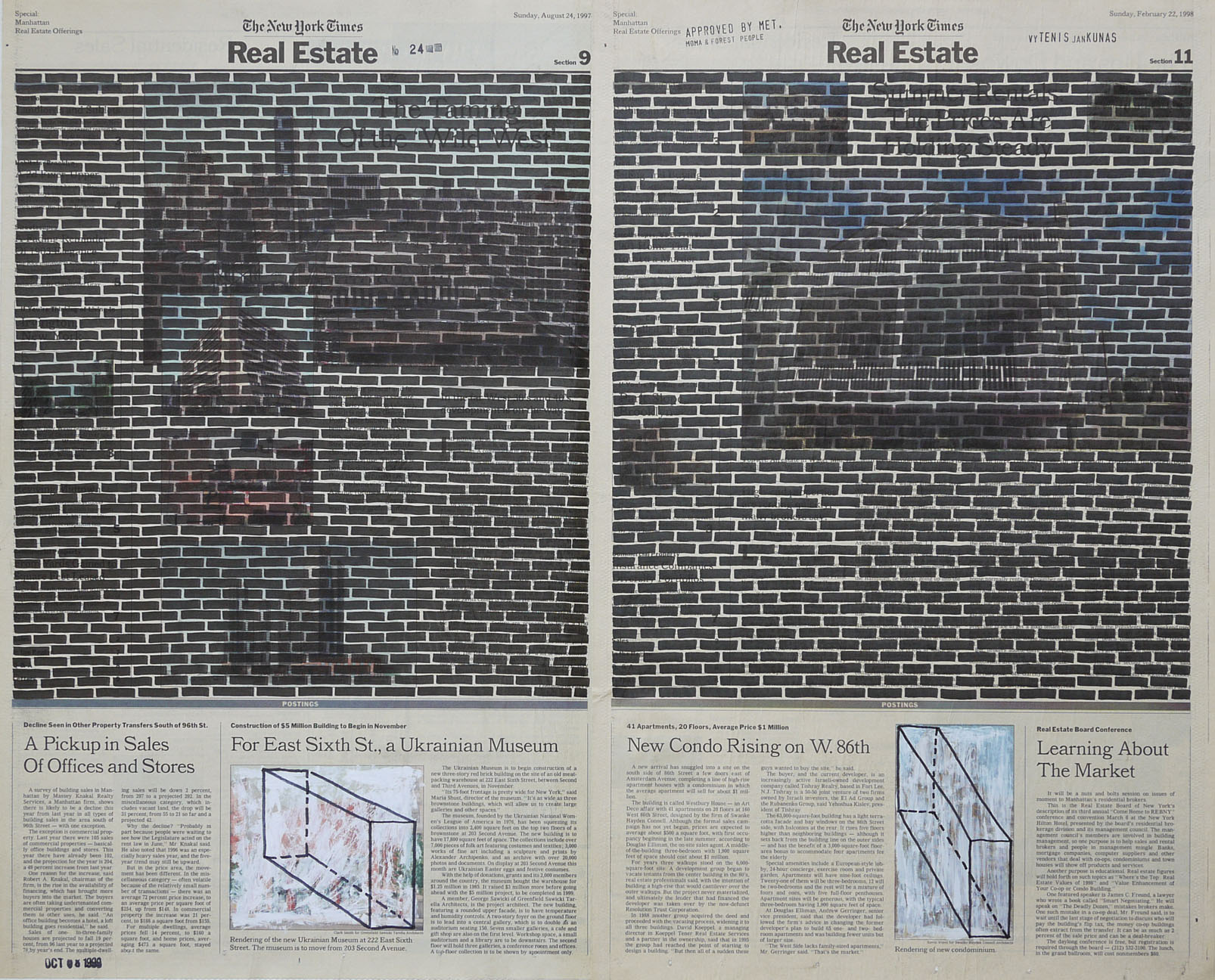 Real Estate , 1999. Permanent markers and correction fluid on newspaper mounted on canvas.