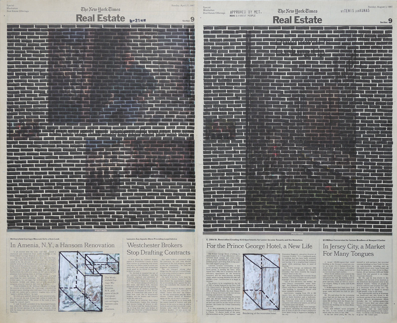 Real Estate , 1999. Permanent markers and correction fluid on newspaper mounted on canvas.