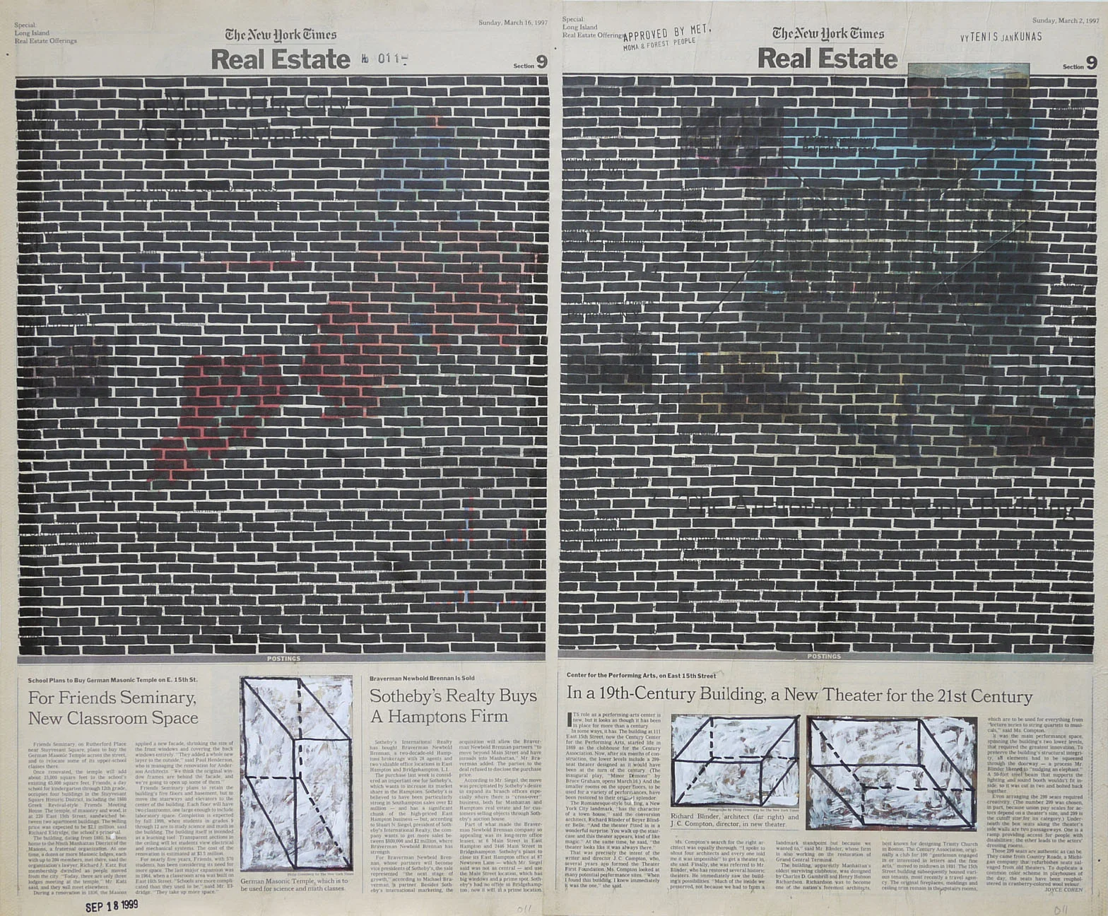 Real Estate , 1999. Permanent markers and correction fluid on newspaper mounted on canvas.
