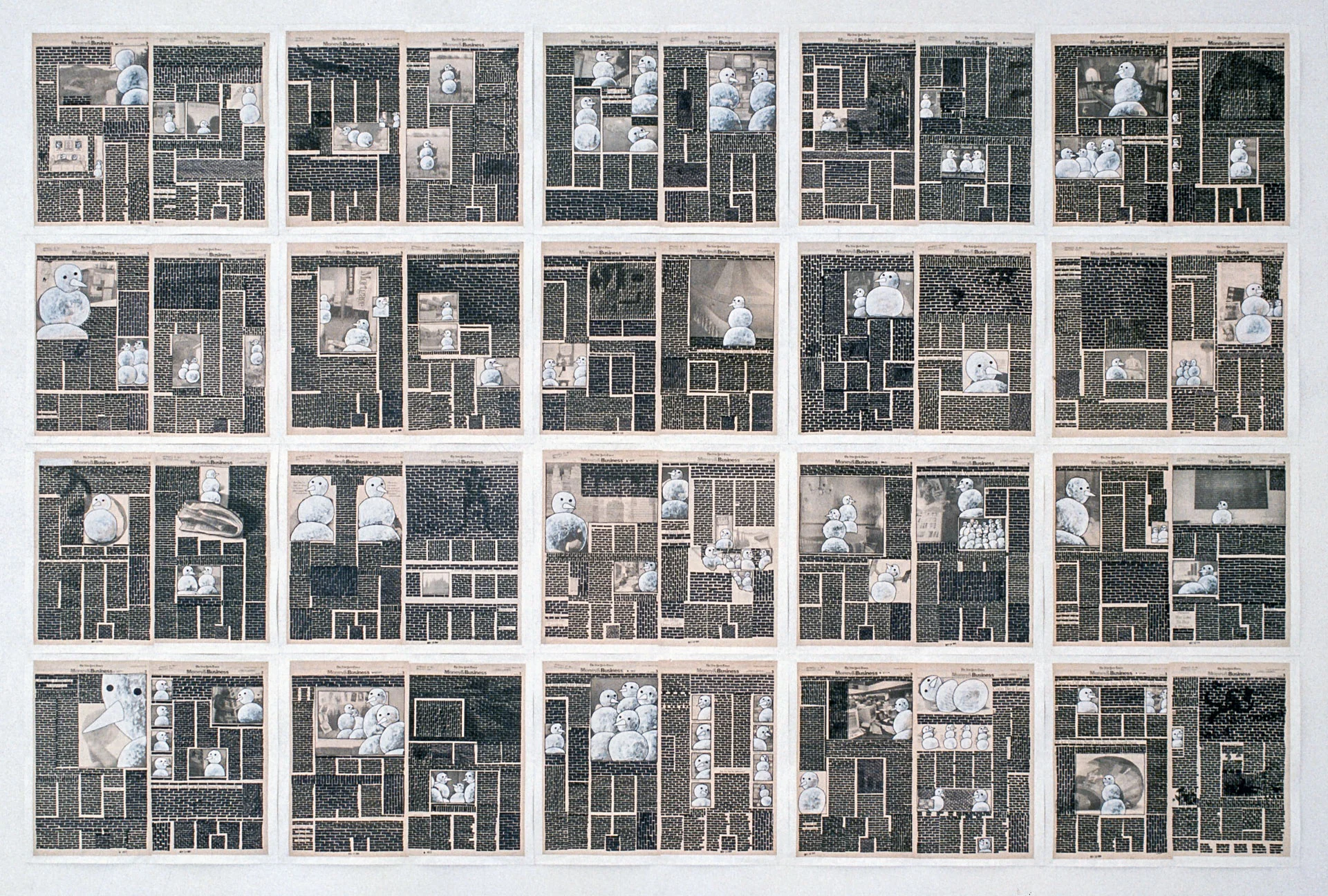   Money &amp; Business , composite view, 1999. Permanent markers and correction fluid on newspaper mounted on canvas. 