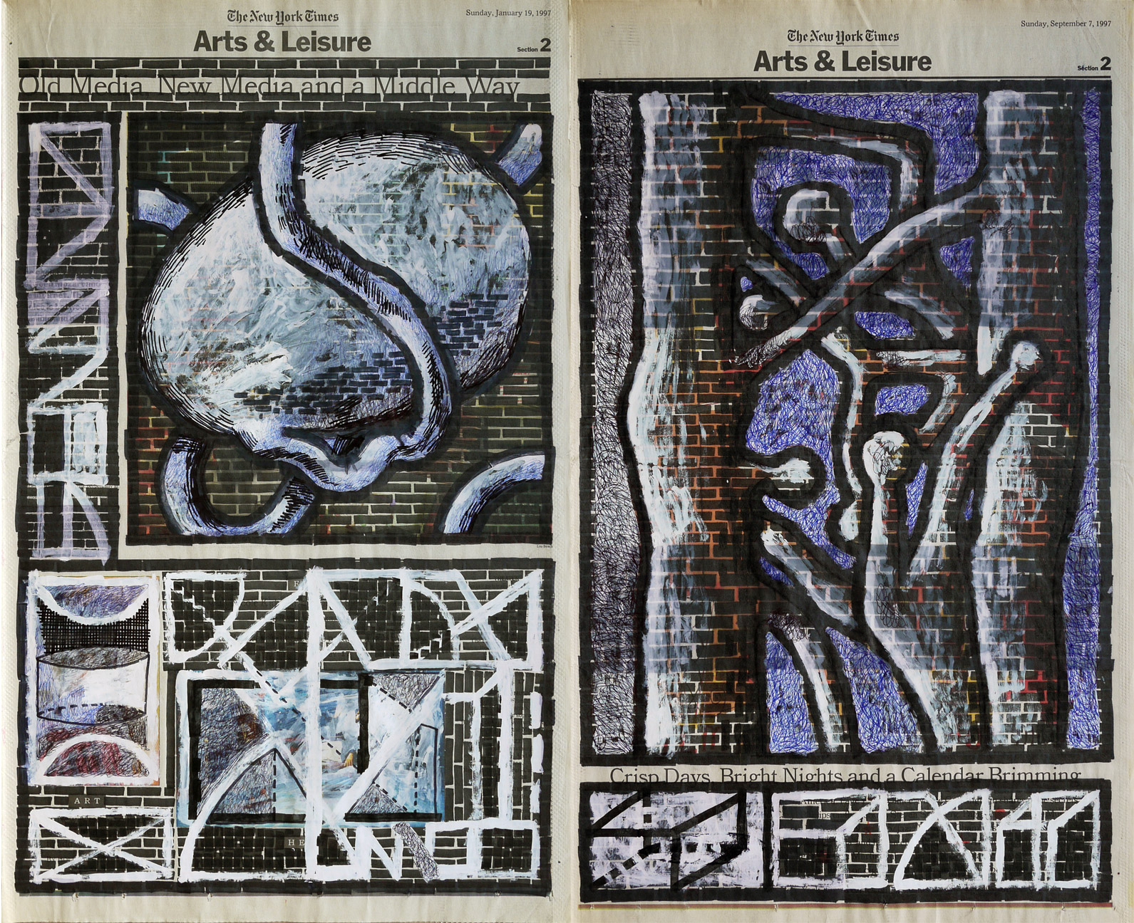   Arts &amp; Leisure , 2002. Permanent markers, correction fluid and ball-pen on newspaper. 