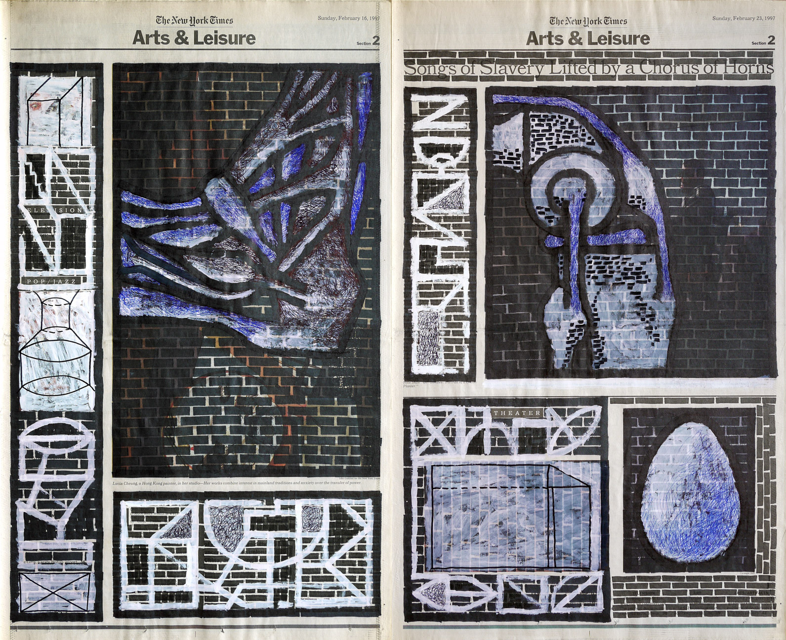   Arts &amp; Leisure , 2002. Permanent markers, correction fluid and ball-pen on newspaper. 