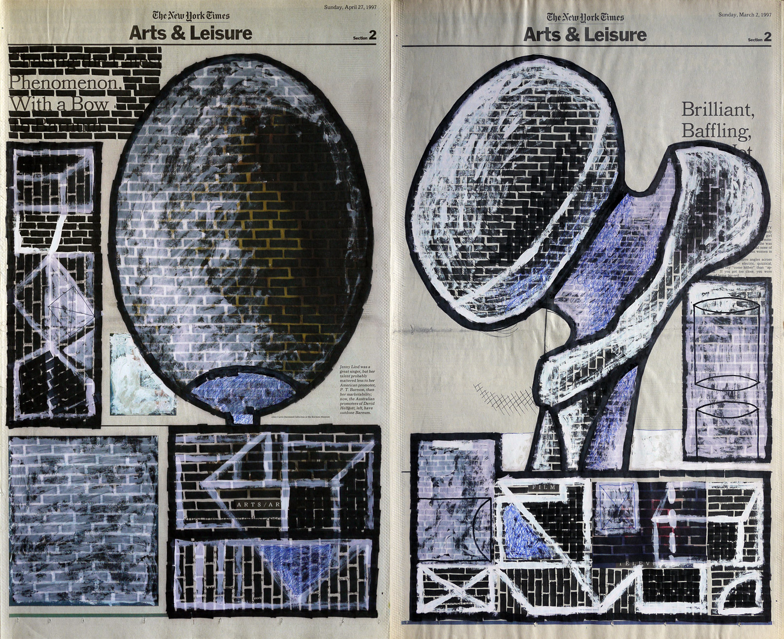   Arts &amp; Leisure , 2002. Permanent markers, correction fluid and ball-pen on newspaper. 