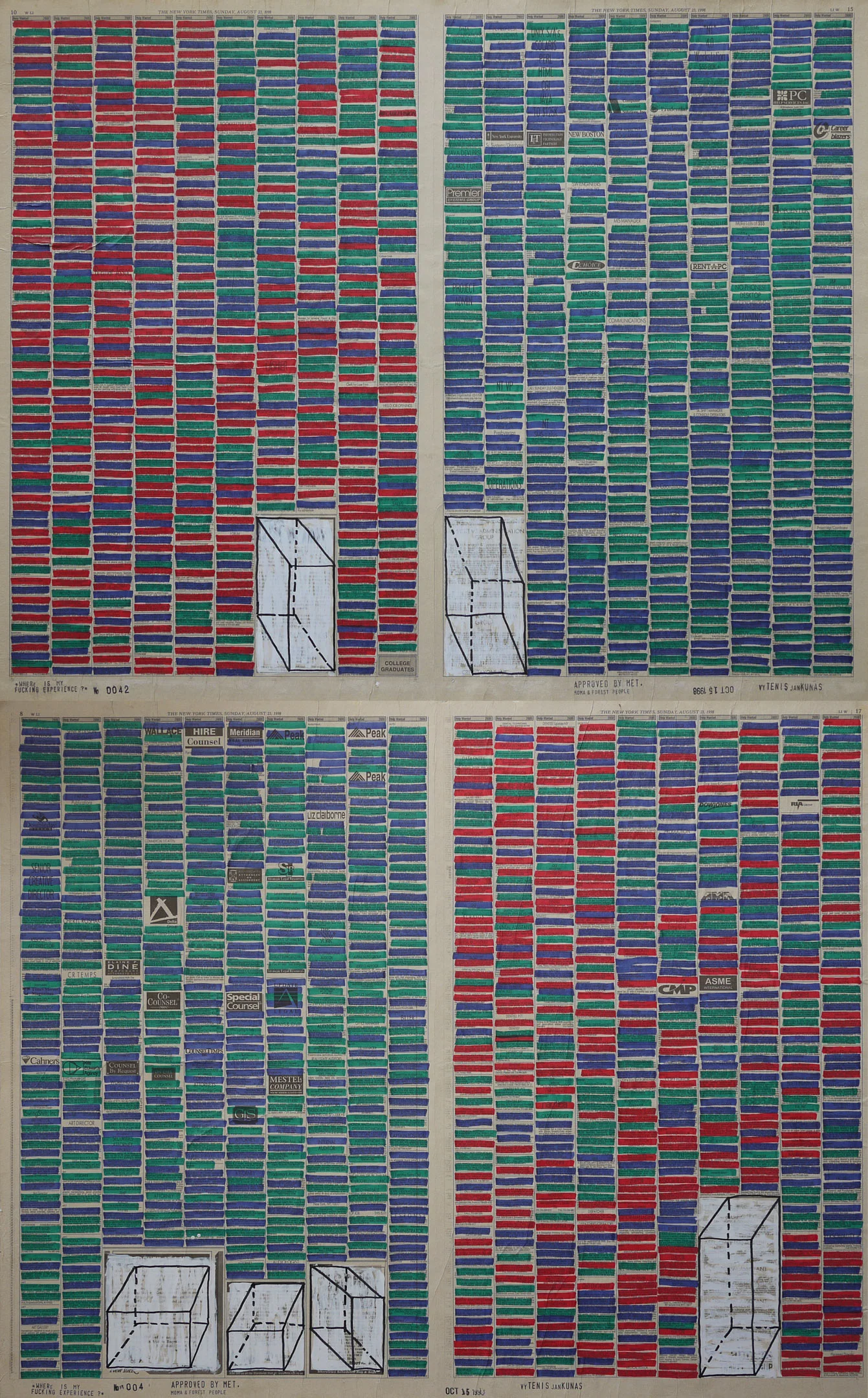 Where Is My Fucking Experience? #0042 , 1998. Permanent markers and correction fluid on newspaper mounted on canvas.
