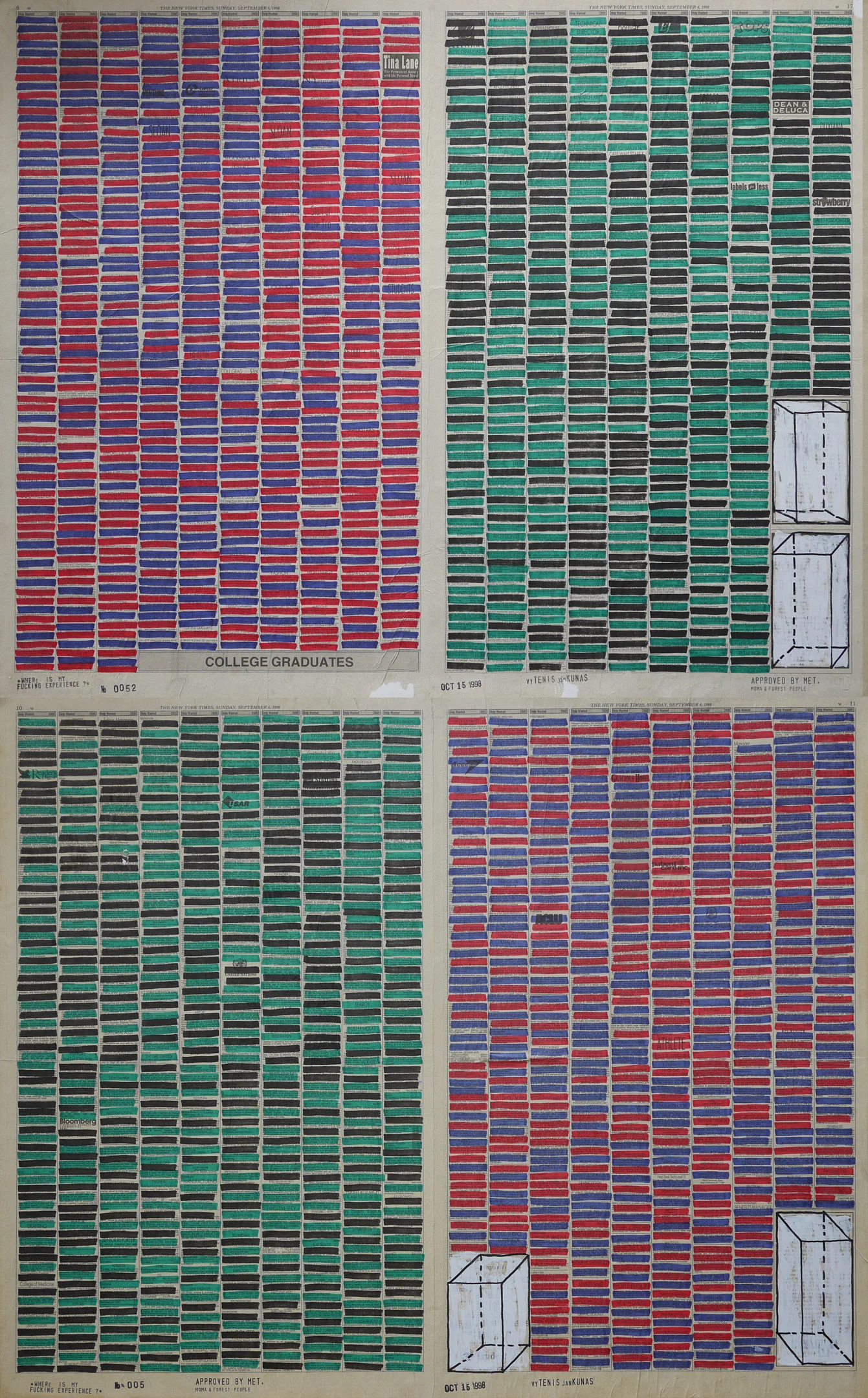 Where Is My Fucking Experience? #0052 , 1998. Permanent markers and correction fluid on newspaper mounted on canvas.