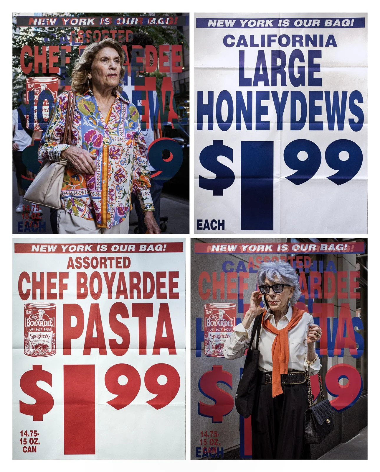    New York is My Bag   Two photographic prints and two real supermarket posters, 70x90 in. 
