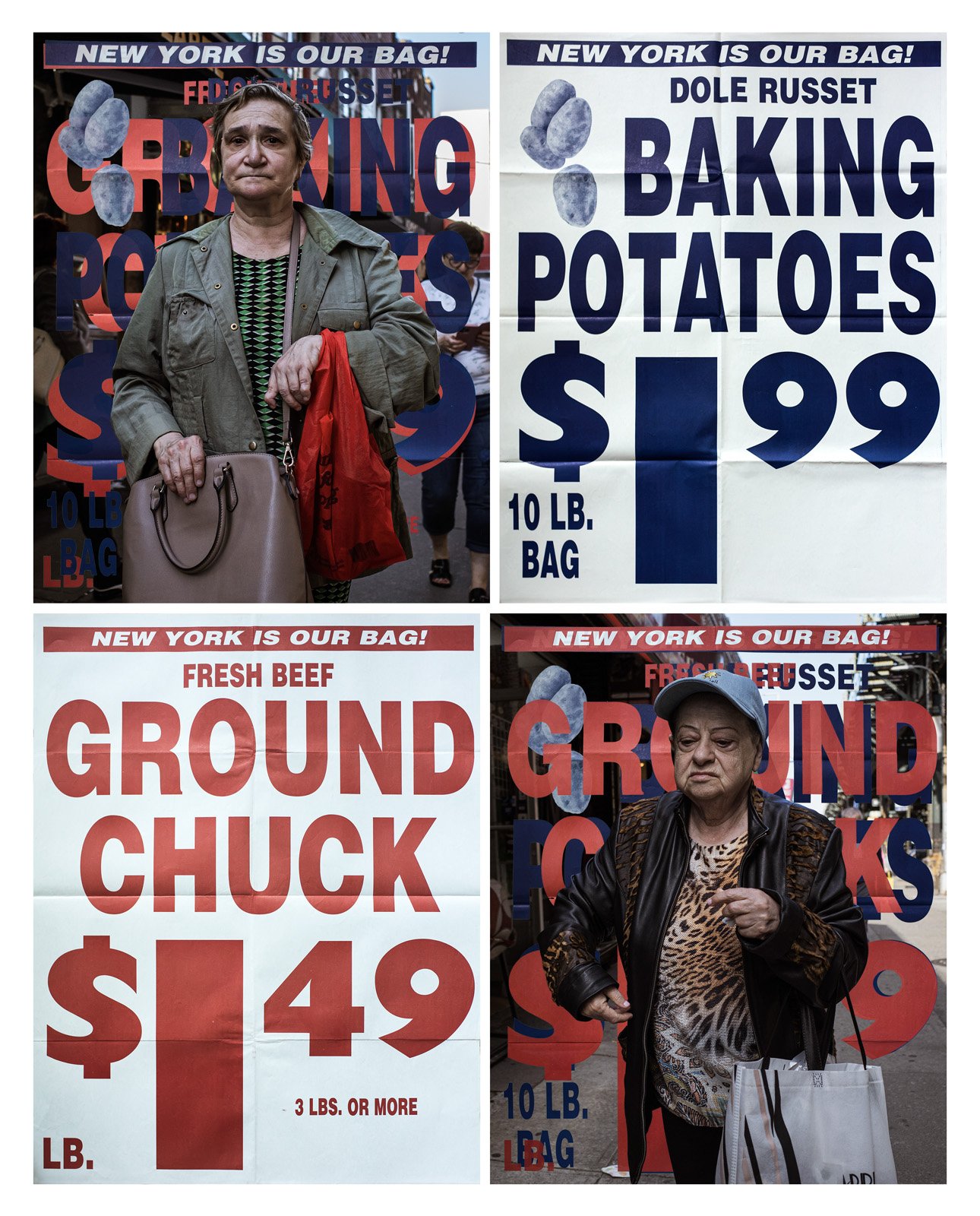    New York is My Bag   Two photographic prints and two real supermarket posters, 70x90 in. 