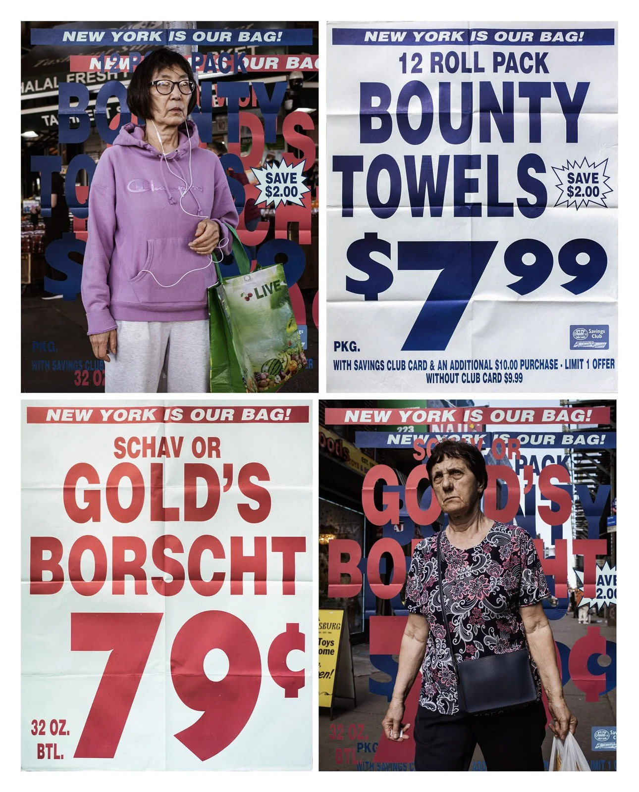    New York is My Bag   Two photographic prints and two real supermarket posters, 70x90 in. 