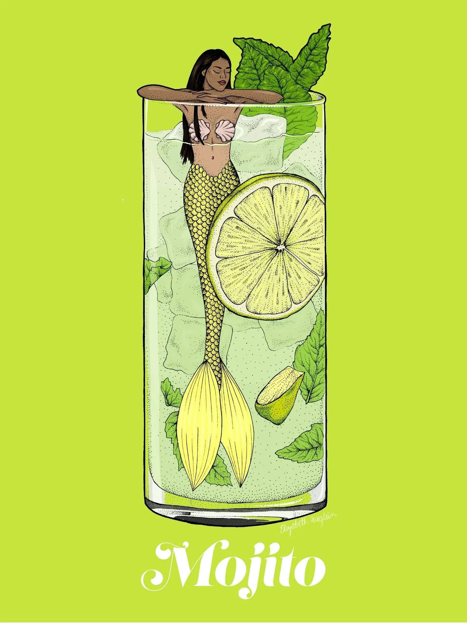Illustration of a mermaid relaxing in a mojito