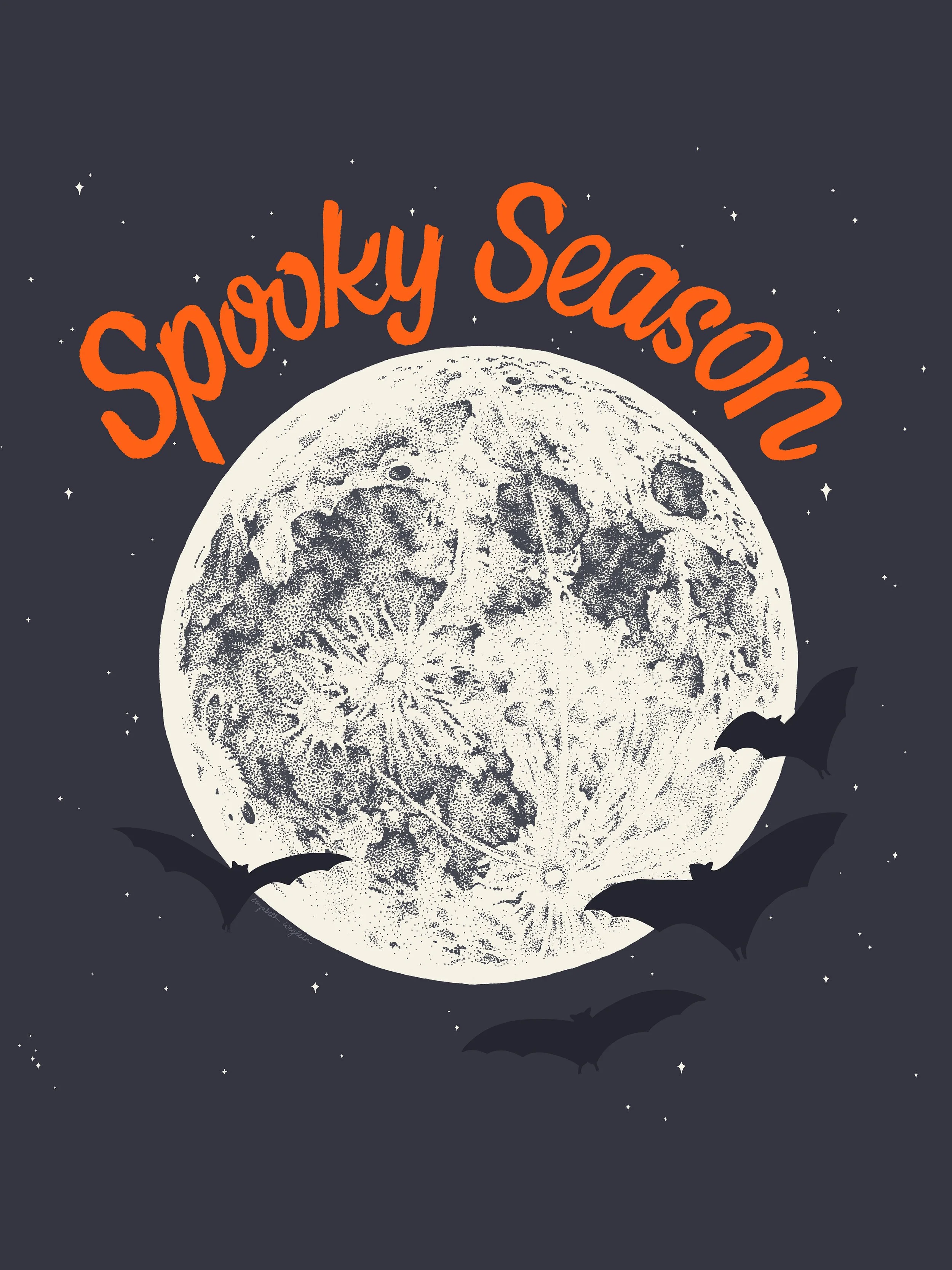 Detailed illustration of a full moon surrounded by tiny stars, as well as bats and "Spooky Season" written in orange