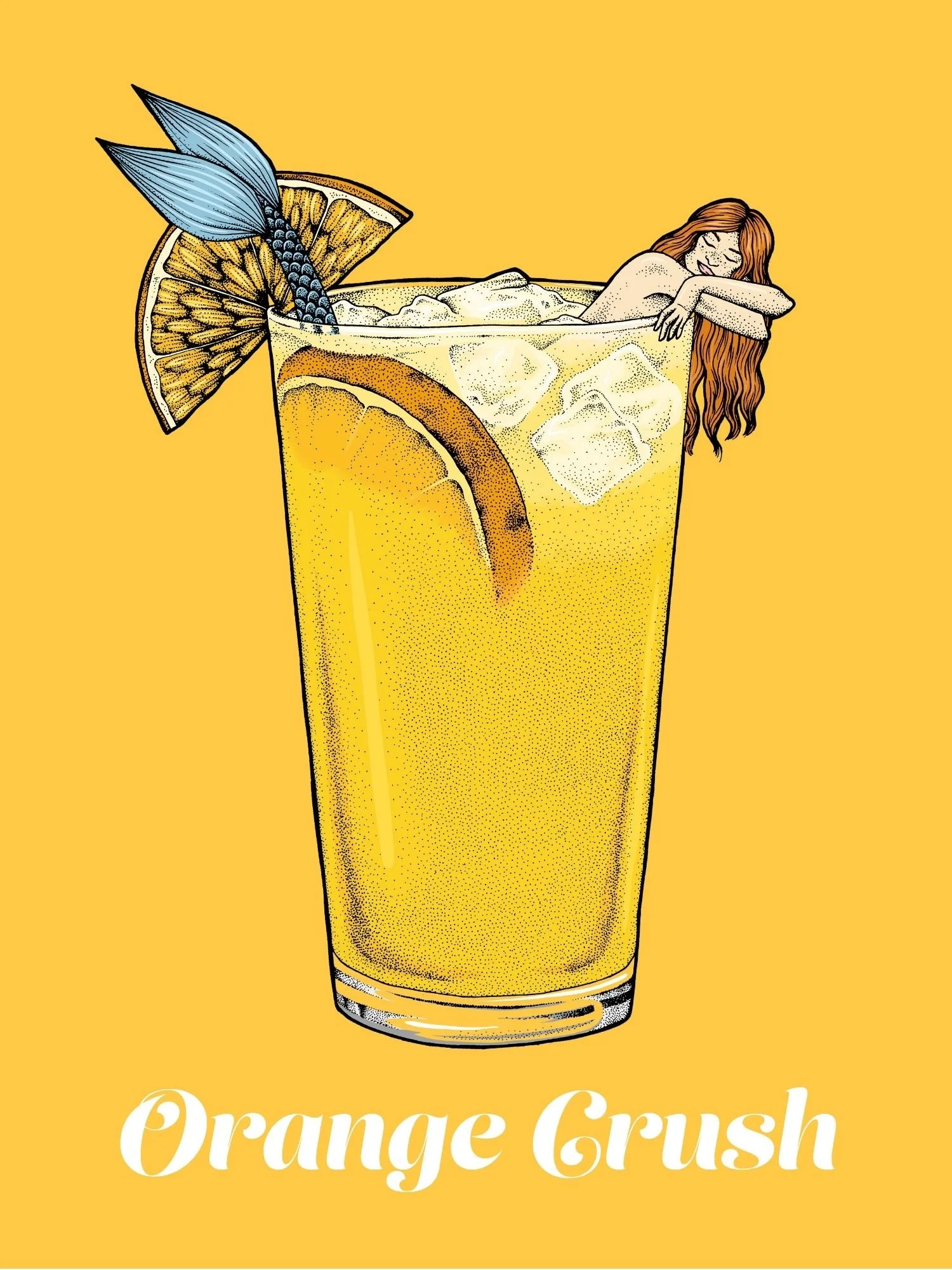 Illustration of a mermaid relaxing in an orange crush