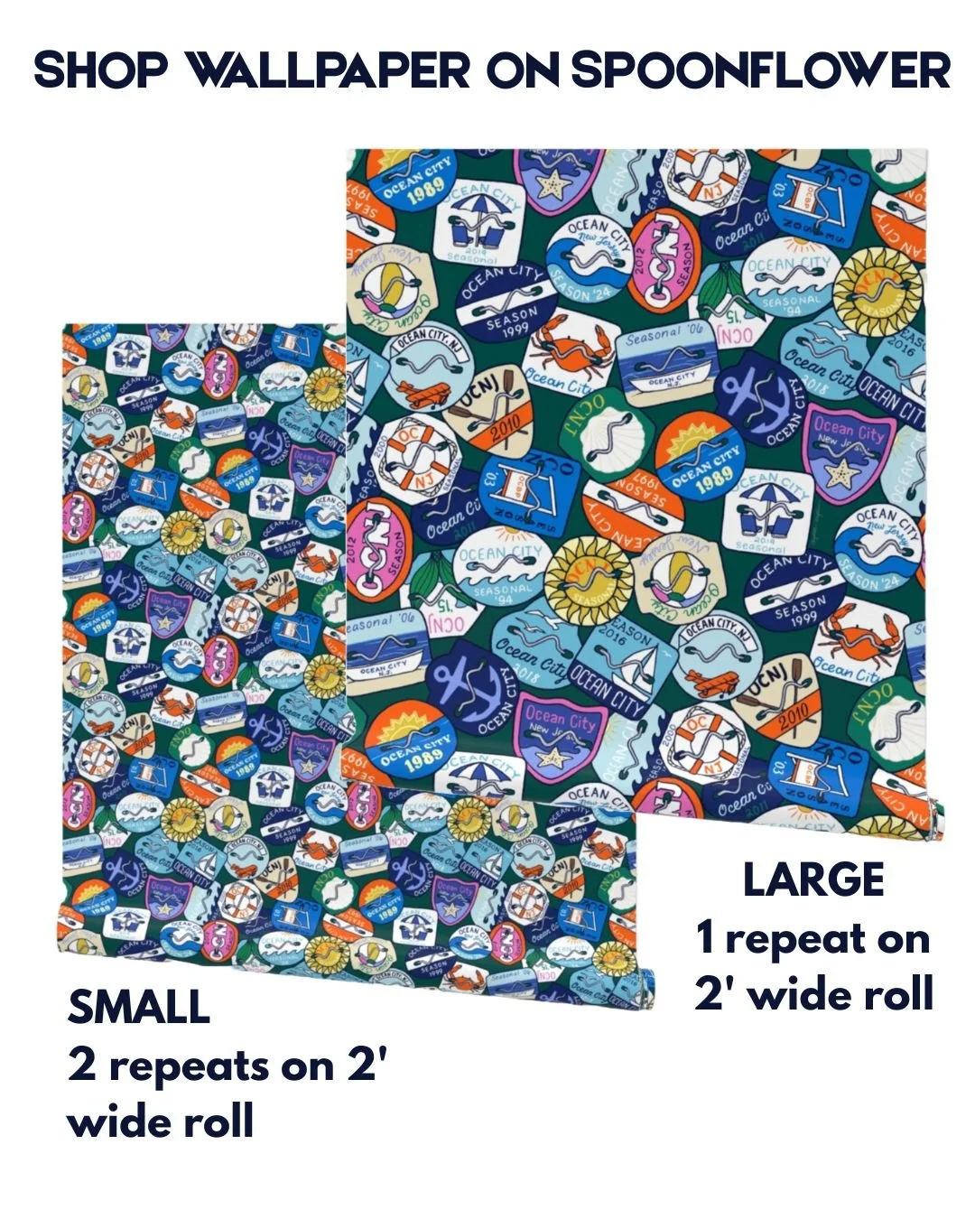 Examples of the sizes offered for beach tag wallpaper on Spoonflower