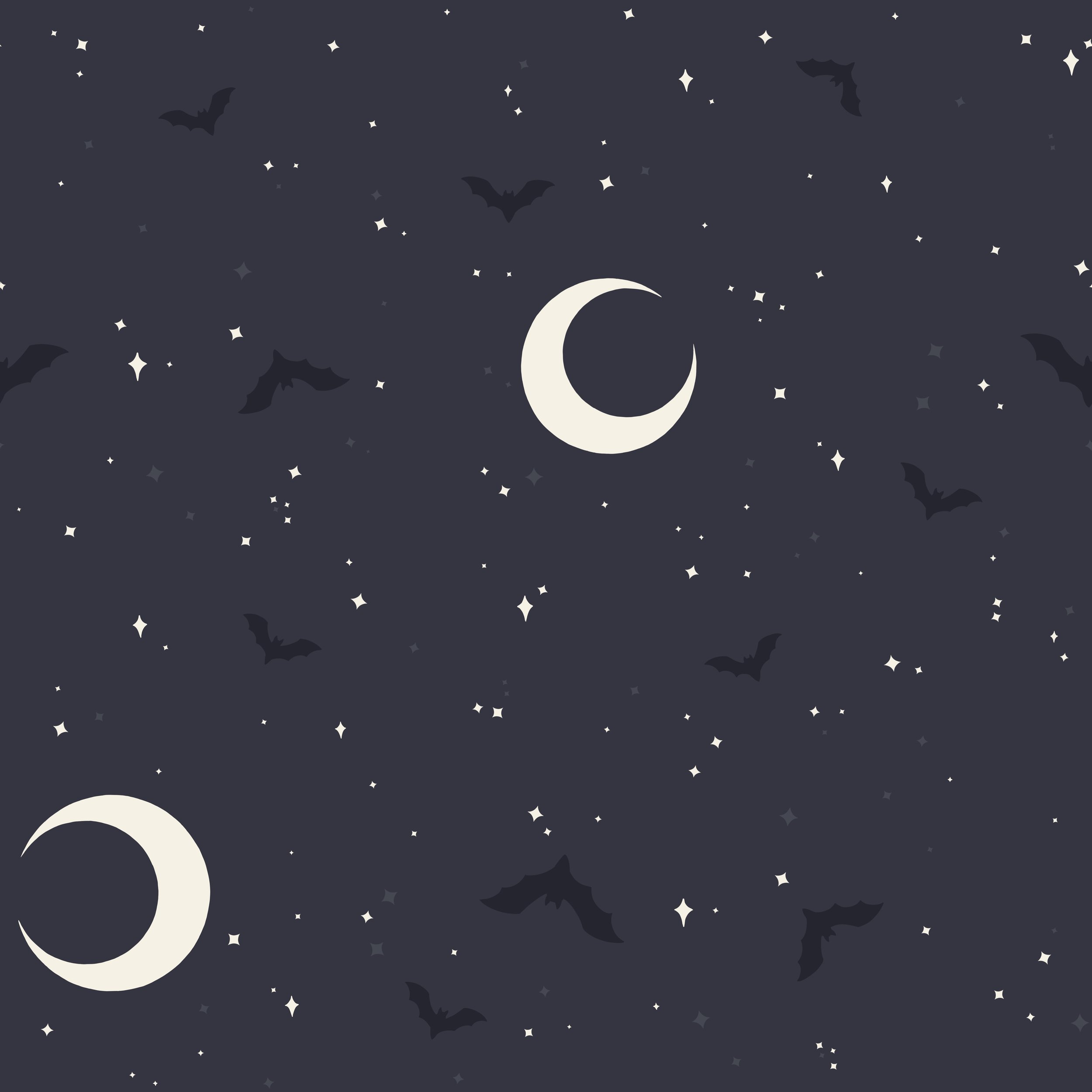 Repeat pattern of crescent moons, stars, and bats on a dark gray background
