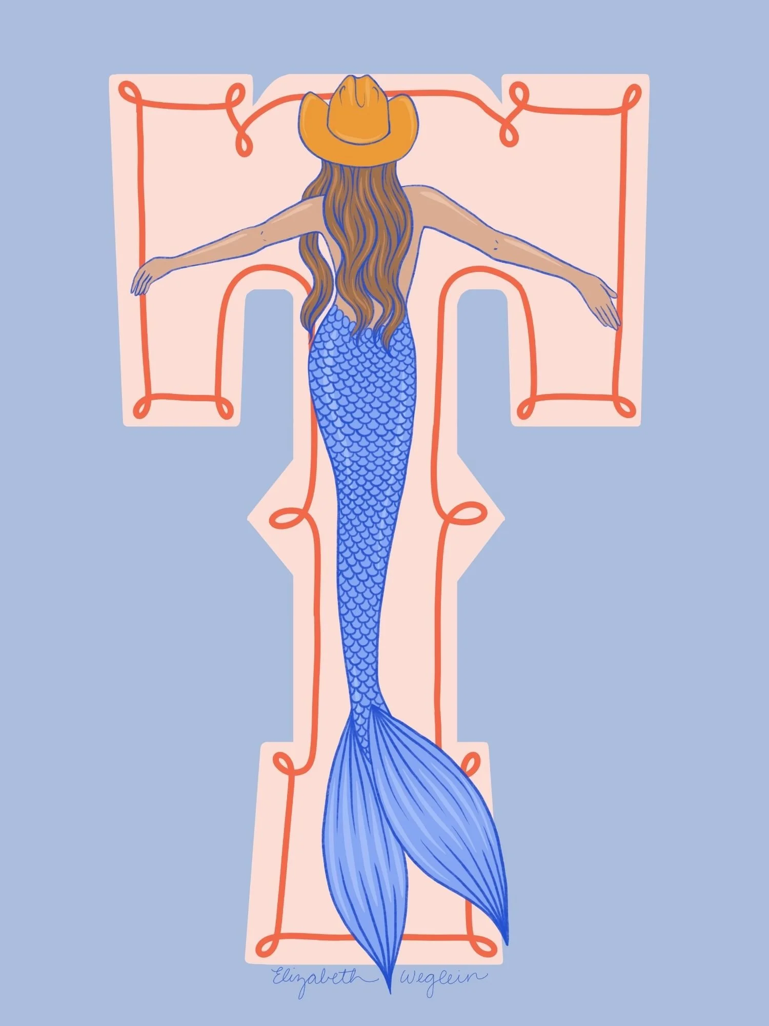 Western letter T with a mermaid in a cowboy hat