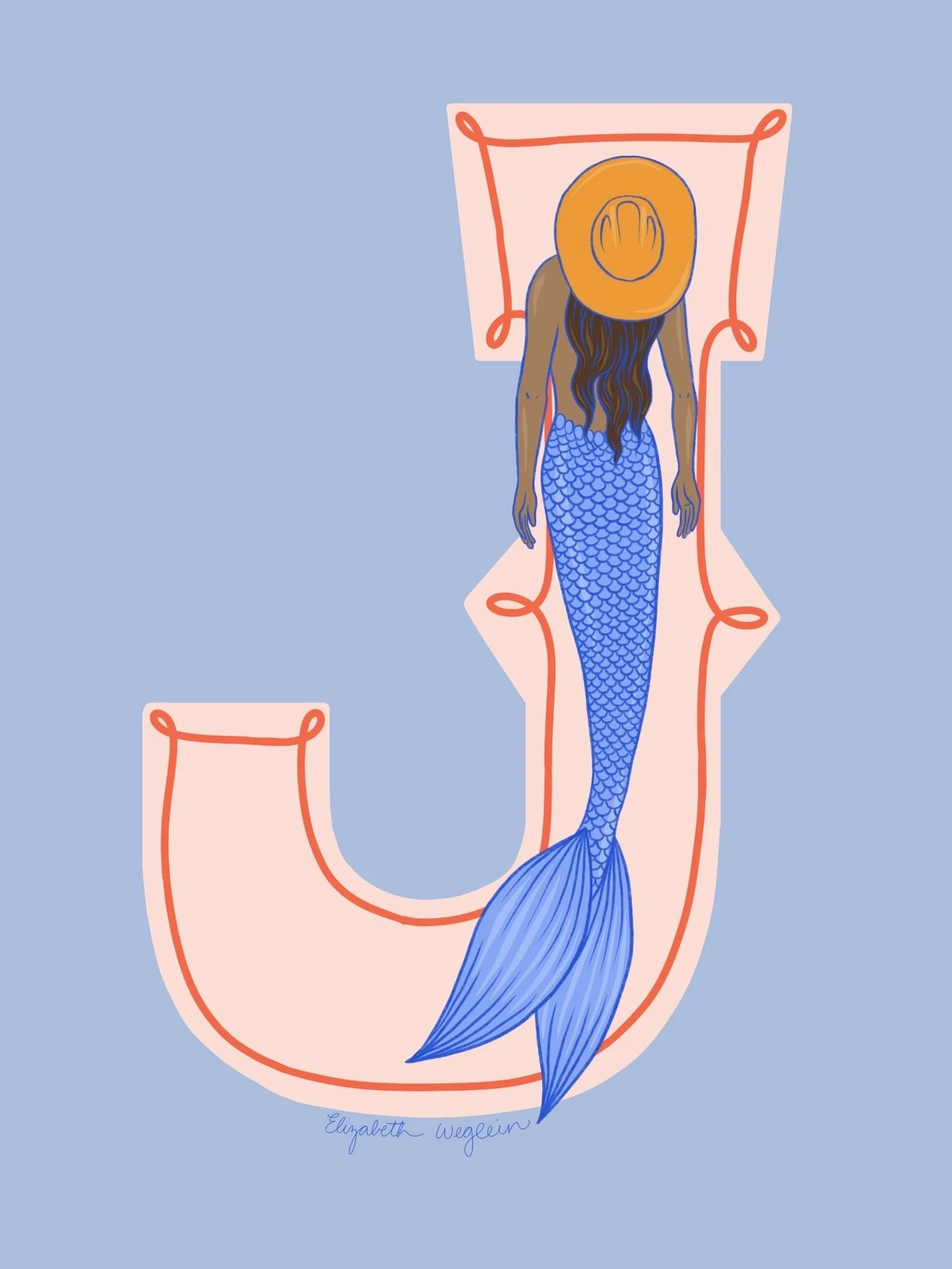Western letter J with a mermaid in a cowboy hat
