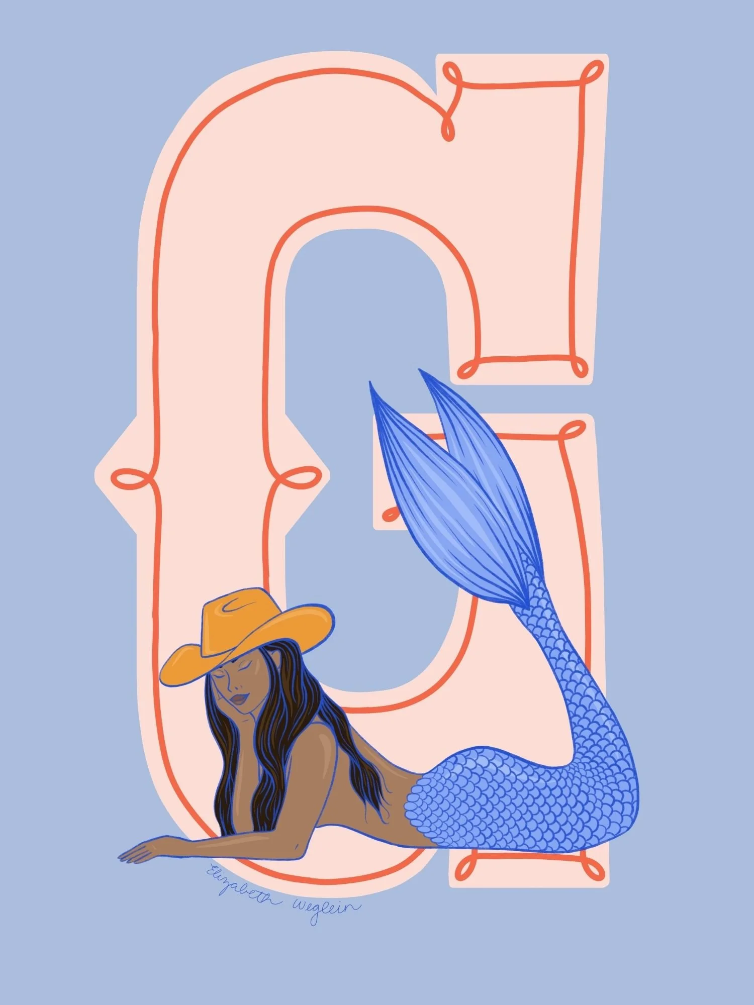 Western letter G with a mermaid in a cowboy hat