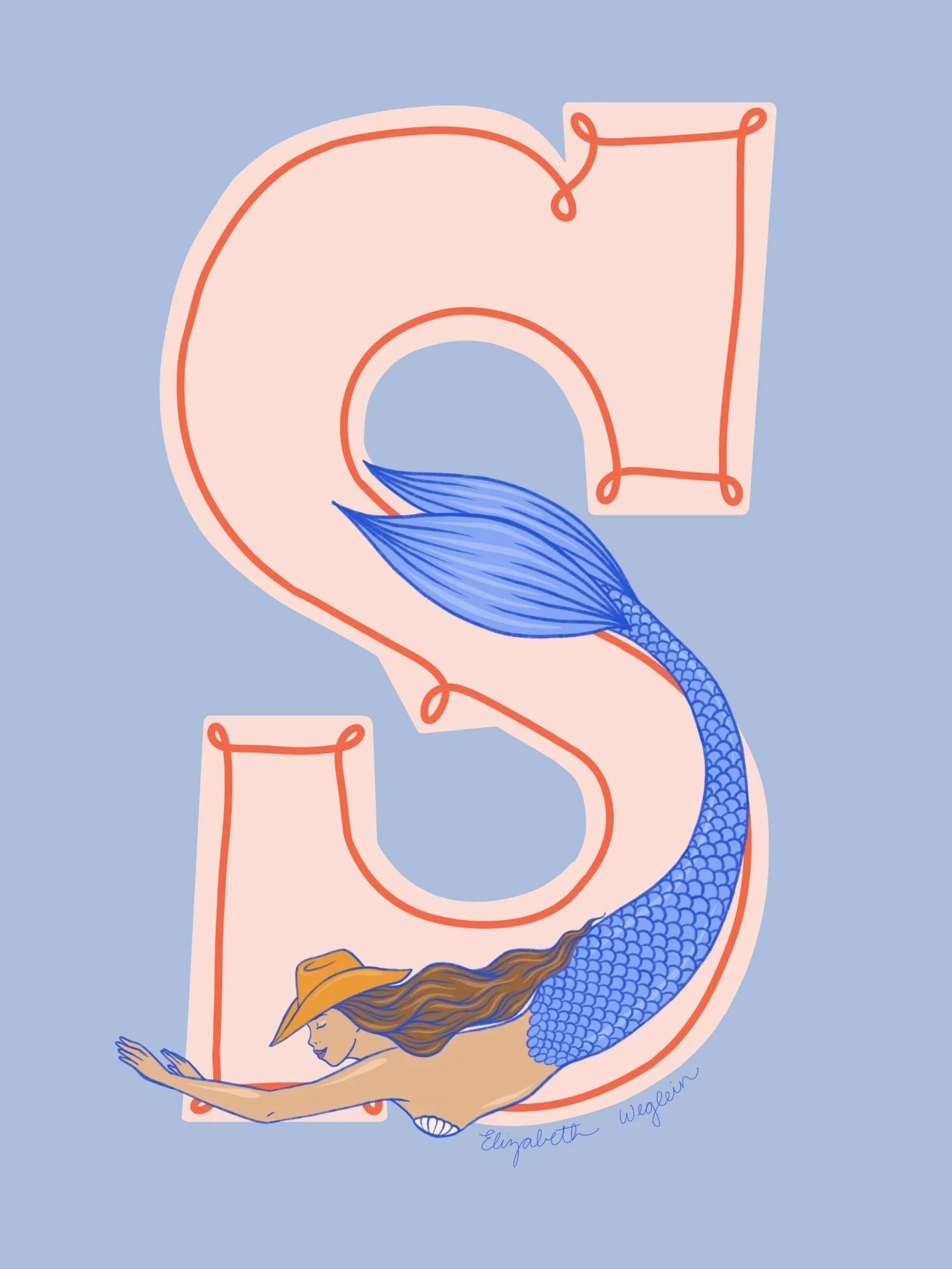 Western letter S with a mermaid in a cowboy hat