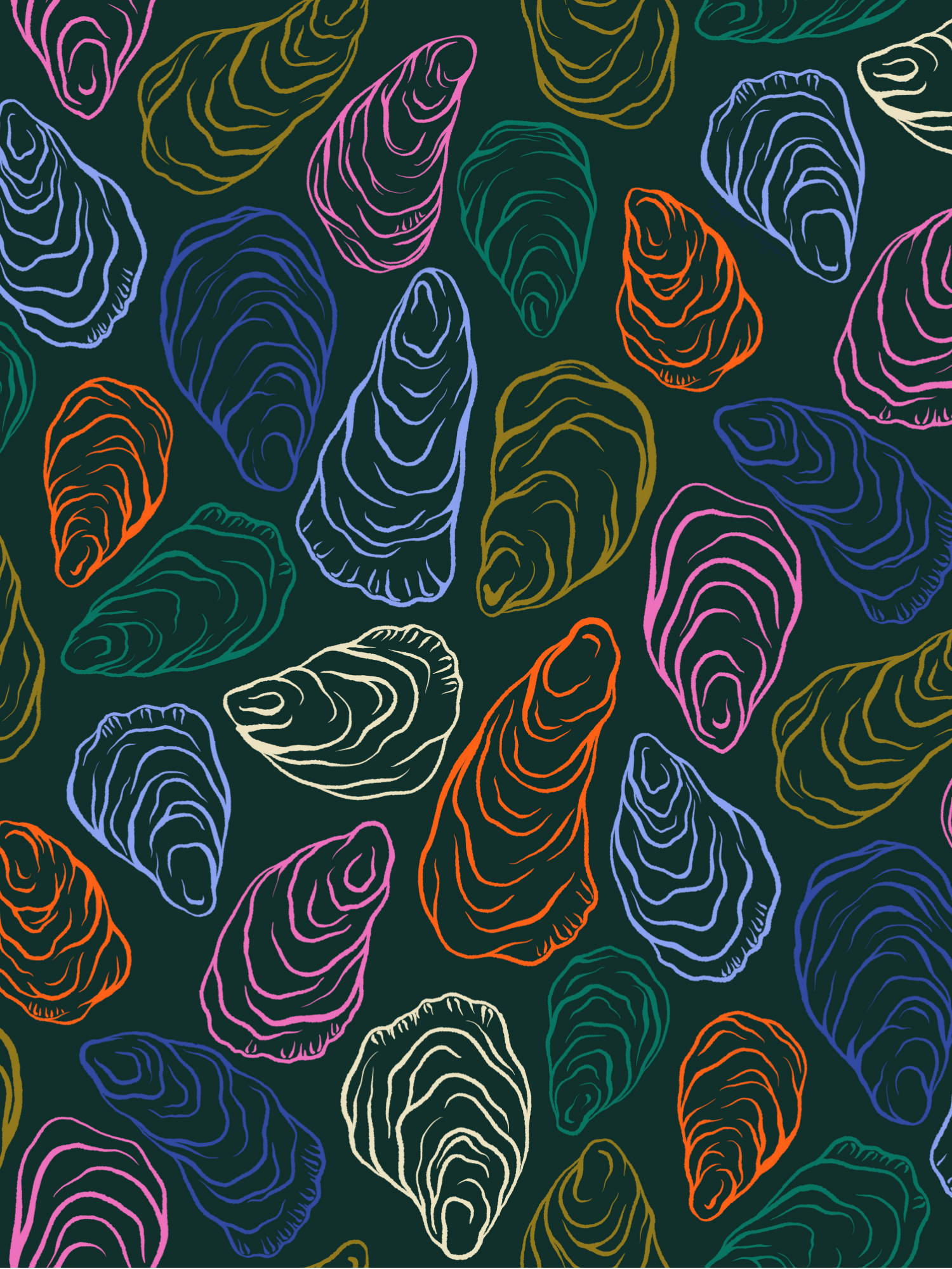 Repeat pattern of oyster shells outlined in various colors on dark teal background
