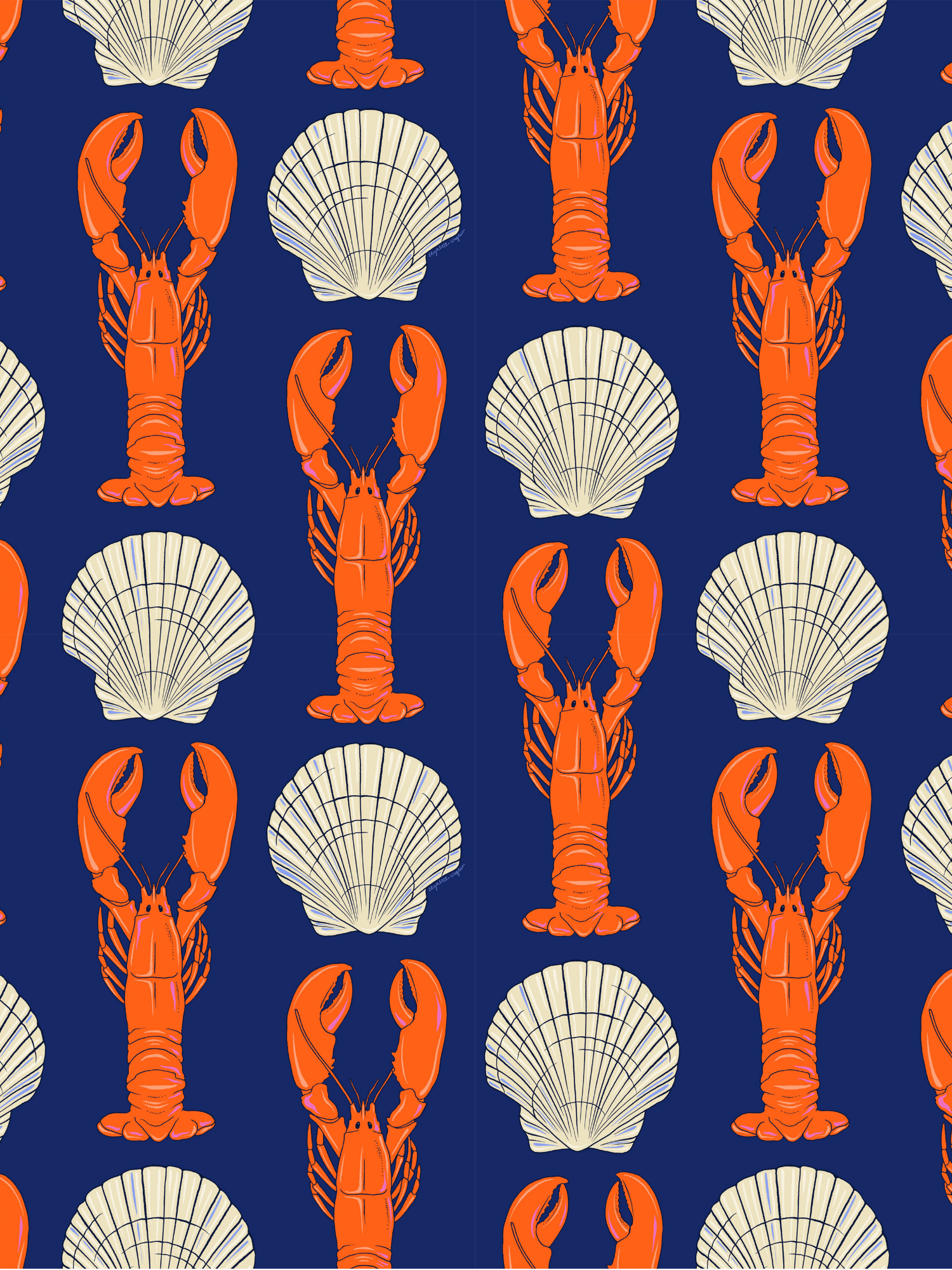 Repeat pattern of lobsters and scallop shells on navy blue background
