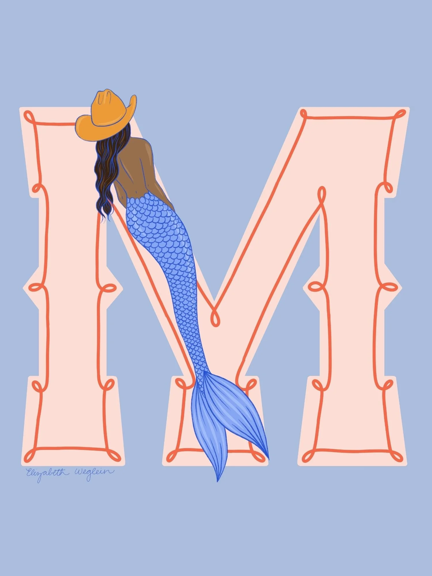 Western letter M with a mermaid in a cowboy hat