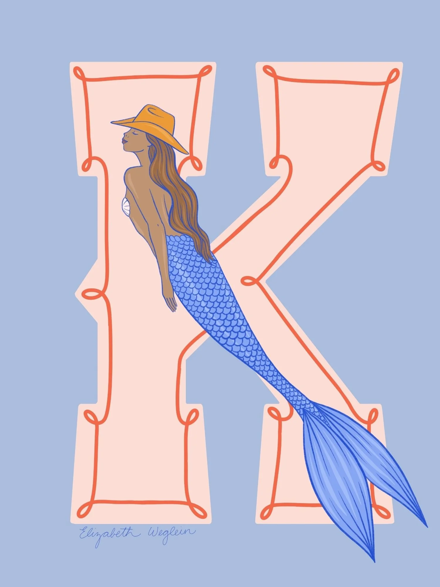 Western letter K with a mermaid in a cowboy hat