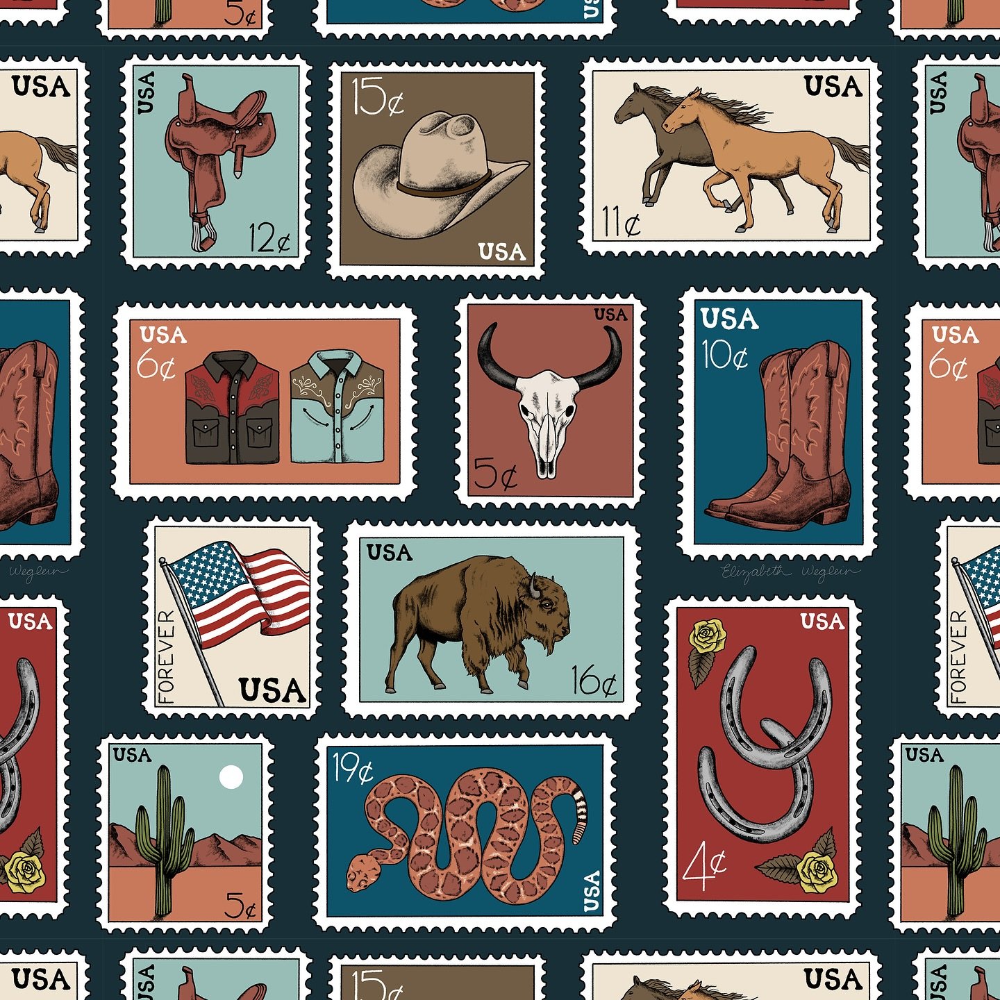 Tried something different this week for Spoonflower&rsquo;s &ldquo;western Americana&rdquo; challenge! I illustrated these western themed postage stamps fully on my iPad (usually I draw things on paper and then scan them in to color them digitally)! 