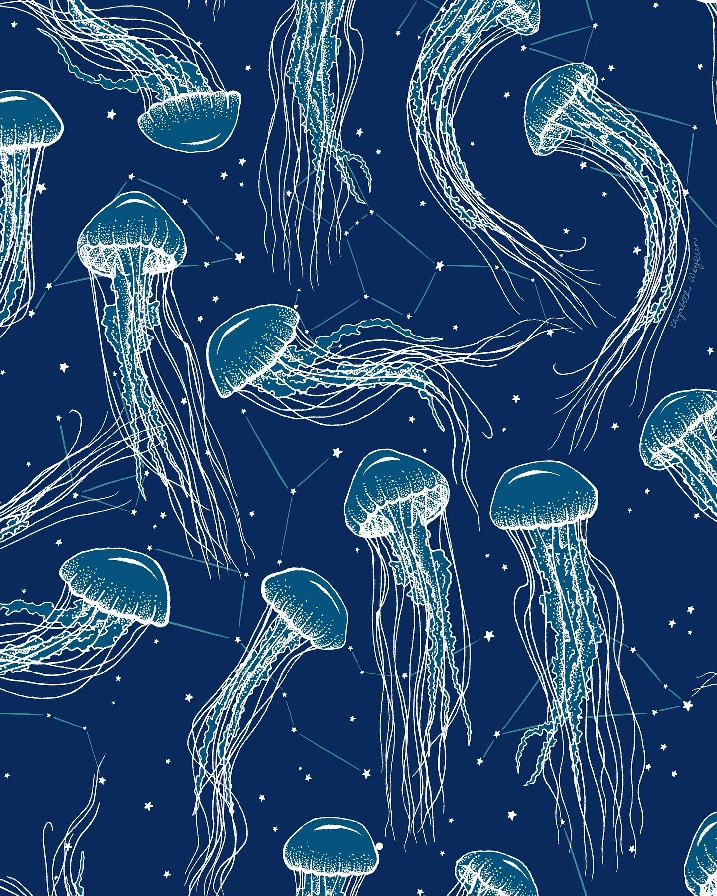 To finish up my Mermaid Dreams collection, I reinvented my jellyfish pattern (swipe to see the original version) in new shades of blue with the addition of stars and constellations!! Can&rsquo;t wait to reveal the full collection tomorrow!