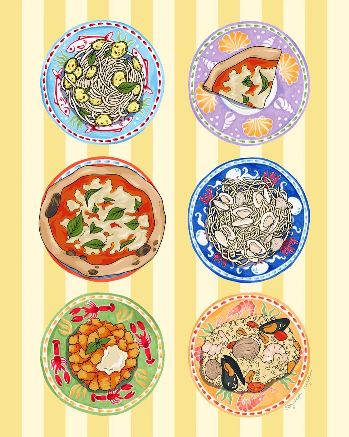 Finished illustrating some of my fav Italian dishes to create this art print for my Amalfi mermaids collection! I’m working on 2 new illustrations for this collection today…