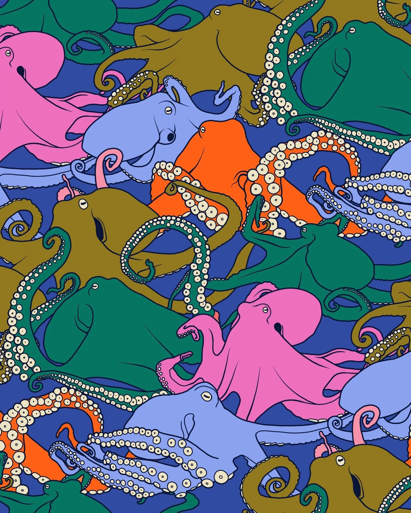 I reimagined one of my favorite prints, these octopus I drew for a Spoonflower challenge in 2023, in a new color palette! This print now fits in with my tinned fish &amp; seafood collection! 🐙