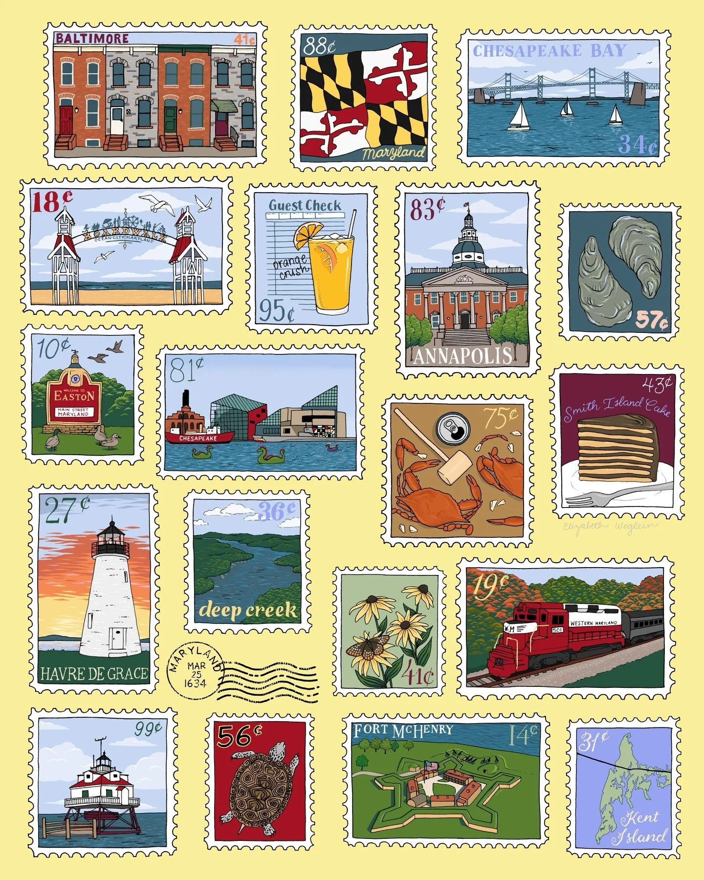Another new stamp illustration is live! After I did my Baltimore stamps, I wanted to do one to incorporate the whole state of Maryland! Maryland stamp prints are live for pre-order!!