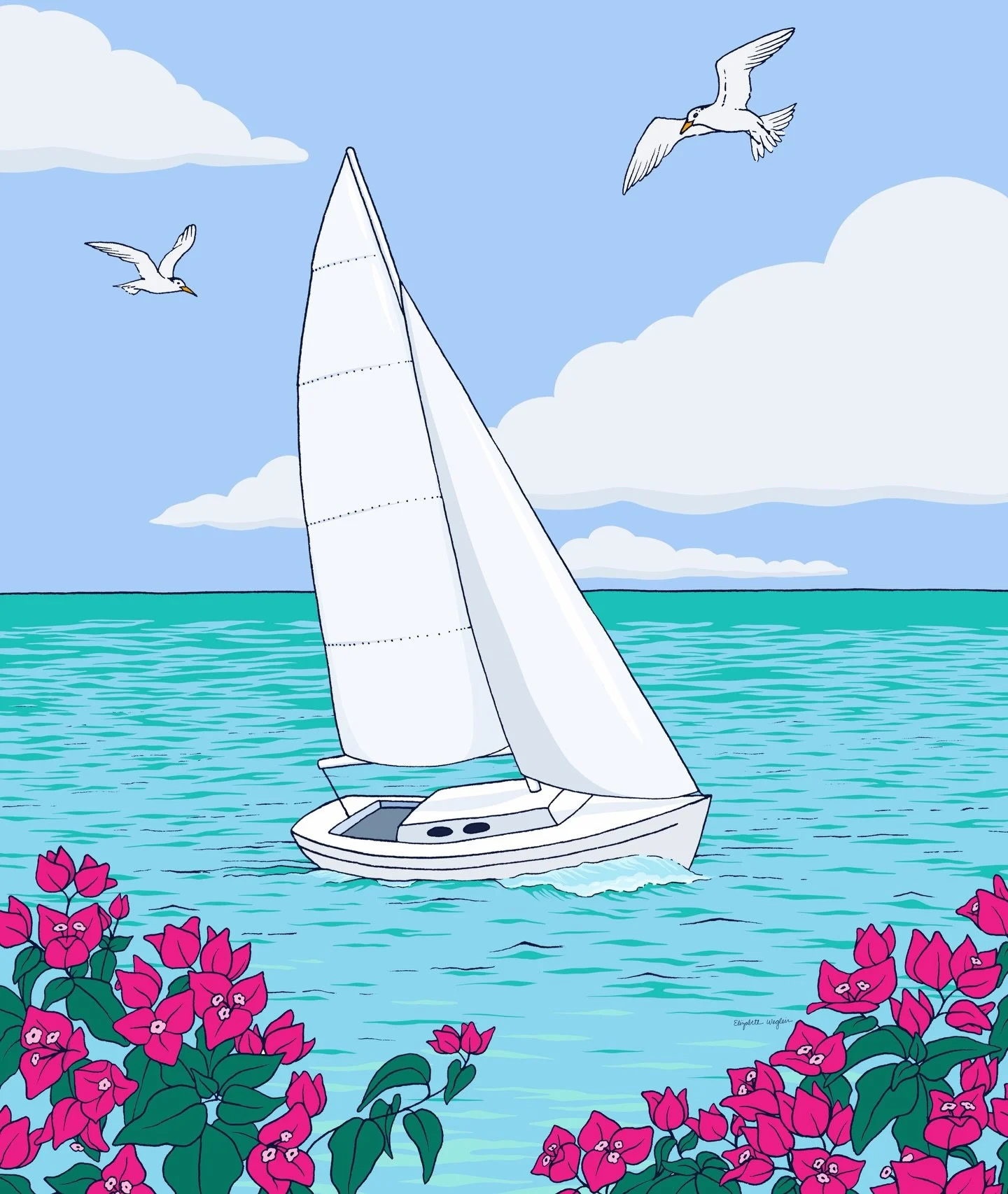 The first piece of my new sailing themed collection! ⛵️ This collection is inspired by the turquoise waters of the Caribbean, accented with bright bougainvillea!