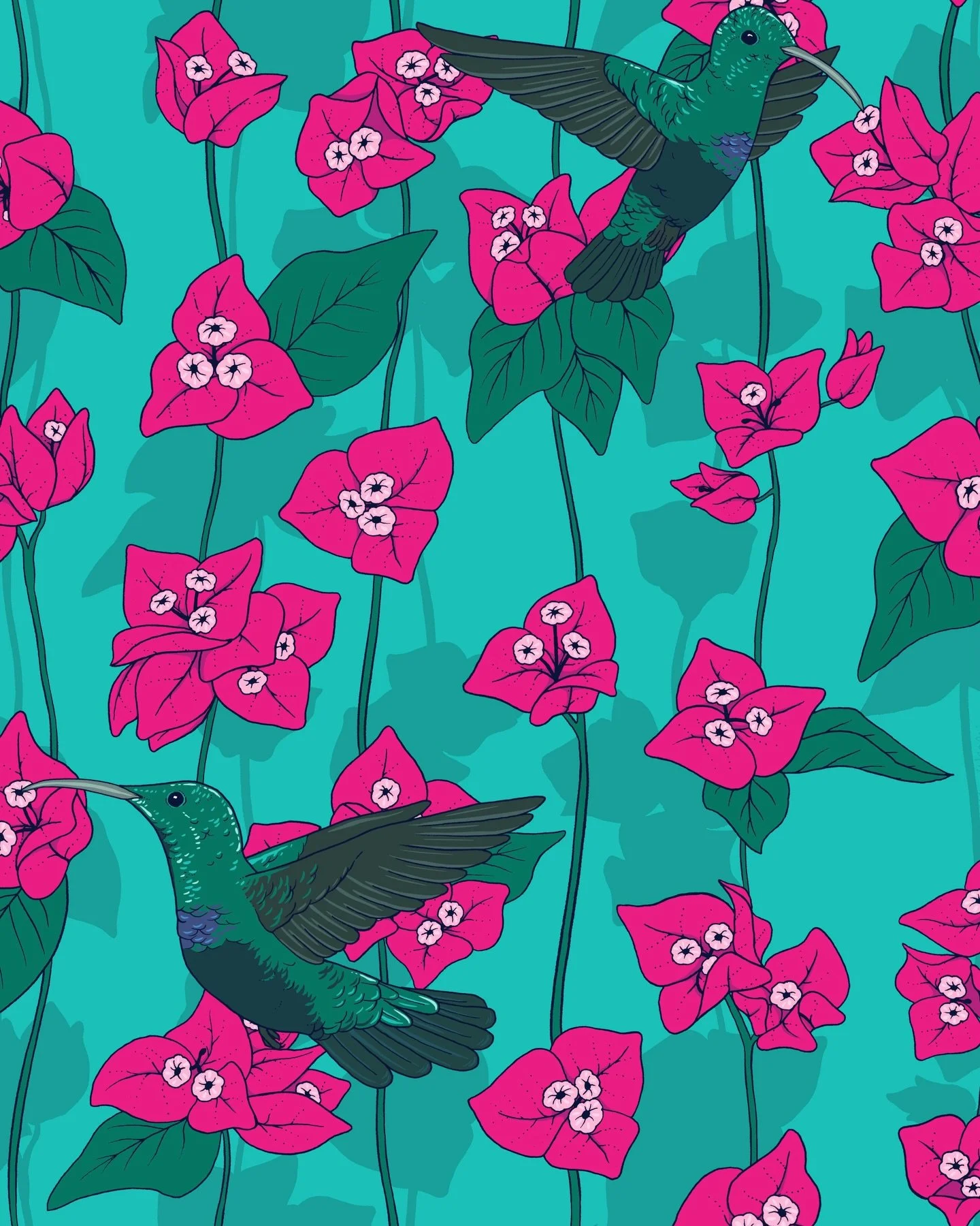 Hummingbirds and bougainvillea for Spoonflower&rsquo;s hothouse florals design challenge! This print is also part of my tropical sailing collection, which is almost finished!! 🌺