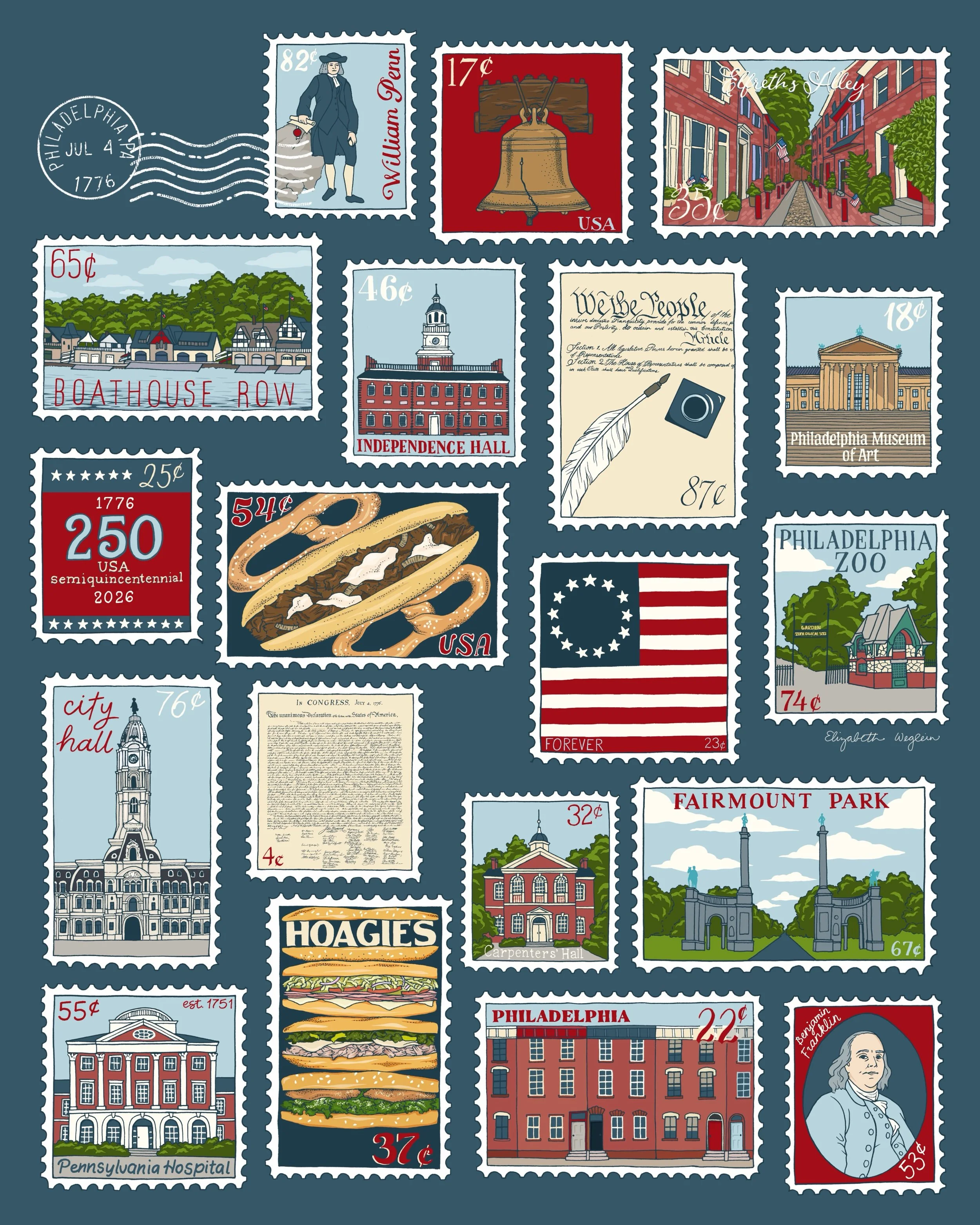 🎆 Since the USA celebrates it&rsquo;a 250th birthday this summer and I happen to live in the birthplace of America: Philadelphia, I created a new version of my Philly stamps art print to celebrate! This print features a red, white, and blue color sc