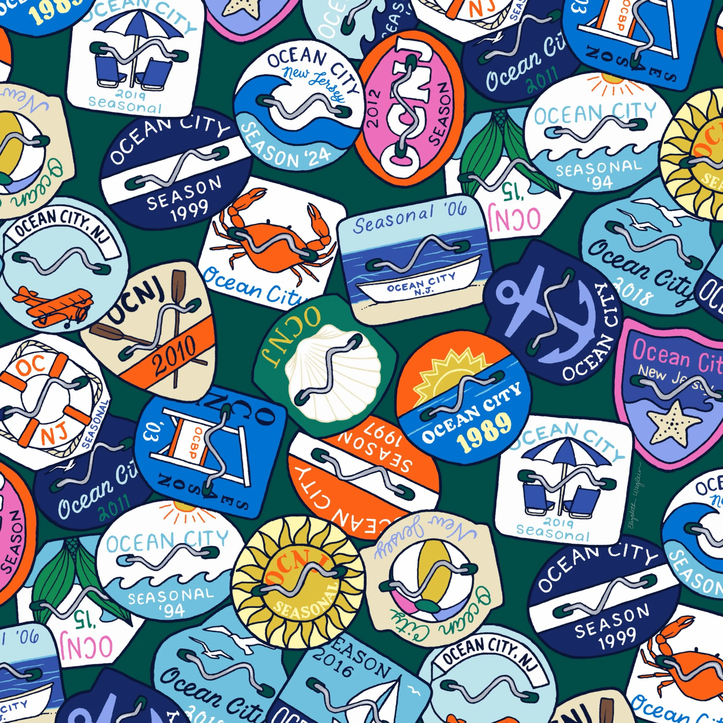 New pattern series alert!! 🚨 My location patterns are some of my top sellers on RedBubble and Spoonflower, and with that in mind I&rsquo;m working on a series of prints of beach tags from your favorite shore towns! I kicked off the series with Ocean