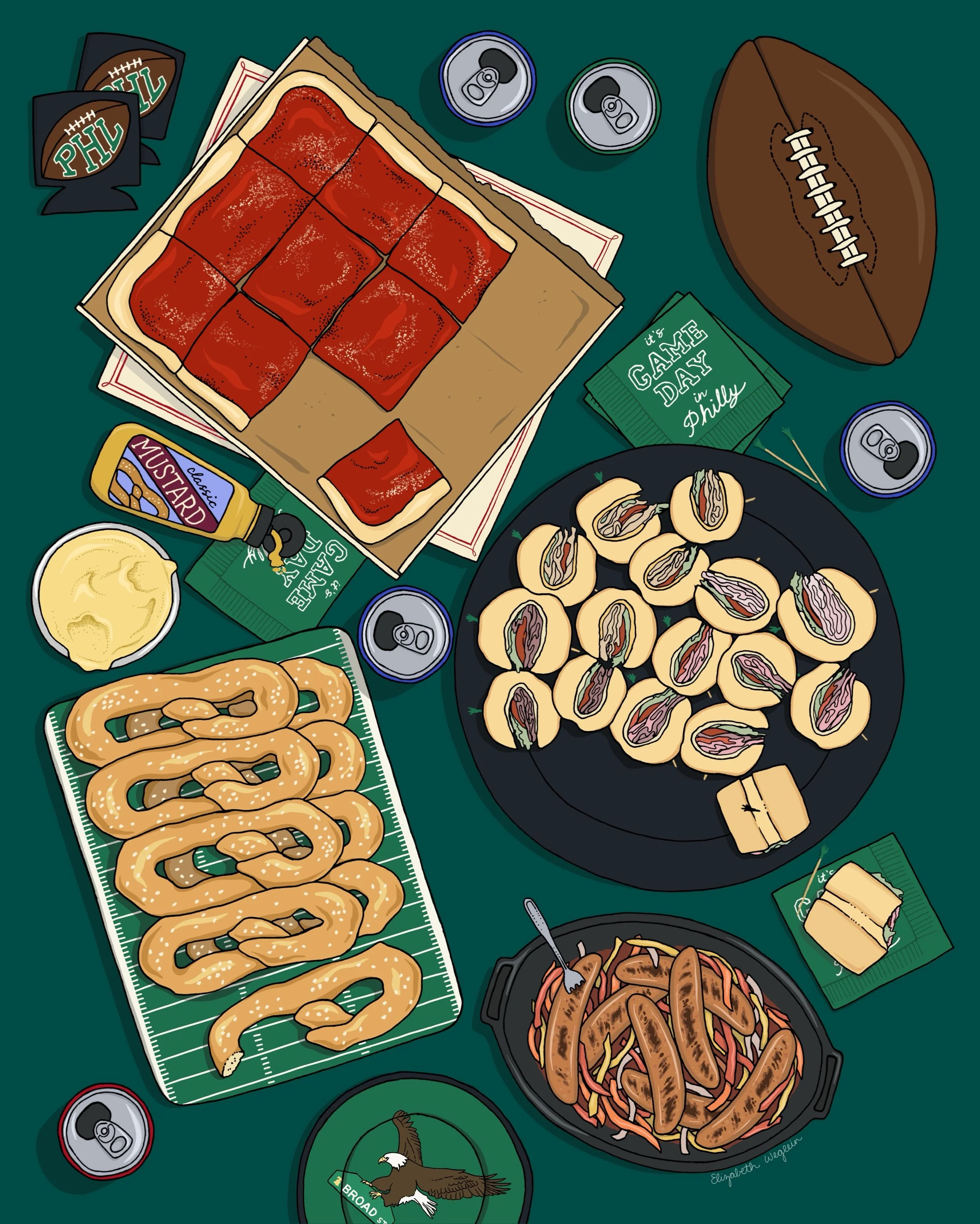 🦅 NEW PHILLY PRINT 💚 My &ldquo;Philly Tailgate Tablescape&rdquo; art print will launch Tuesday 10/27! I will also be featured on @positivelyphillytv the morning of 10/27 to show all of my Philly illustrations!!! I&rsquo;m so excited!