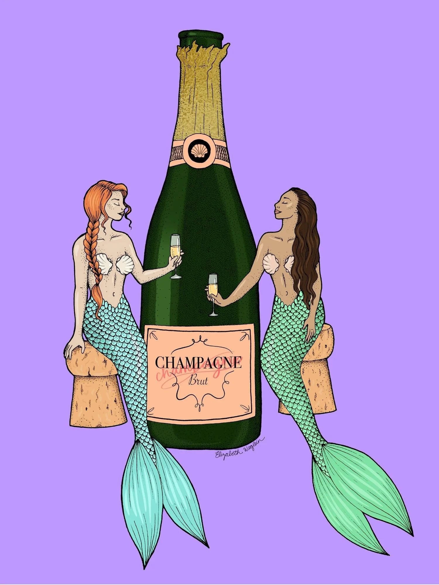 Illustration of two mermaids cheersing champagne glasses
