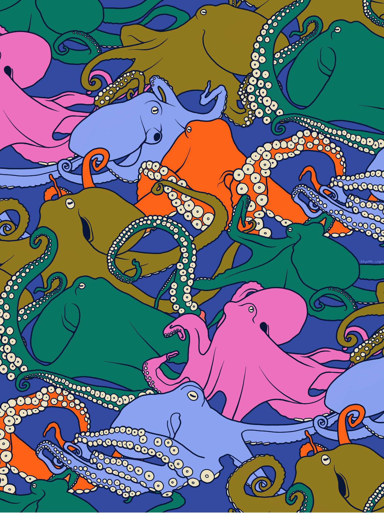 Repeat pattern of octopus in various bright colors on royal blue background