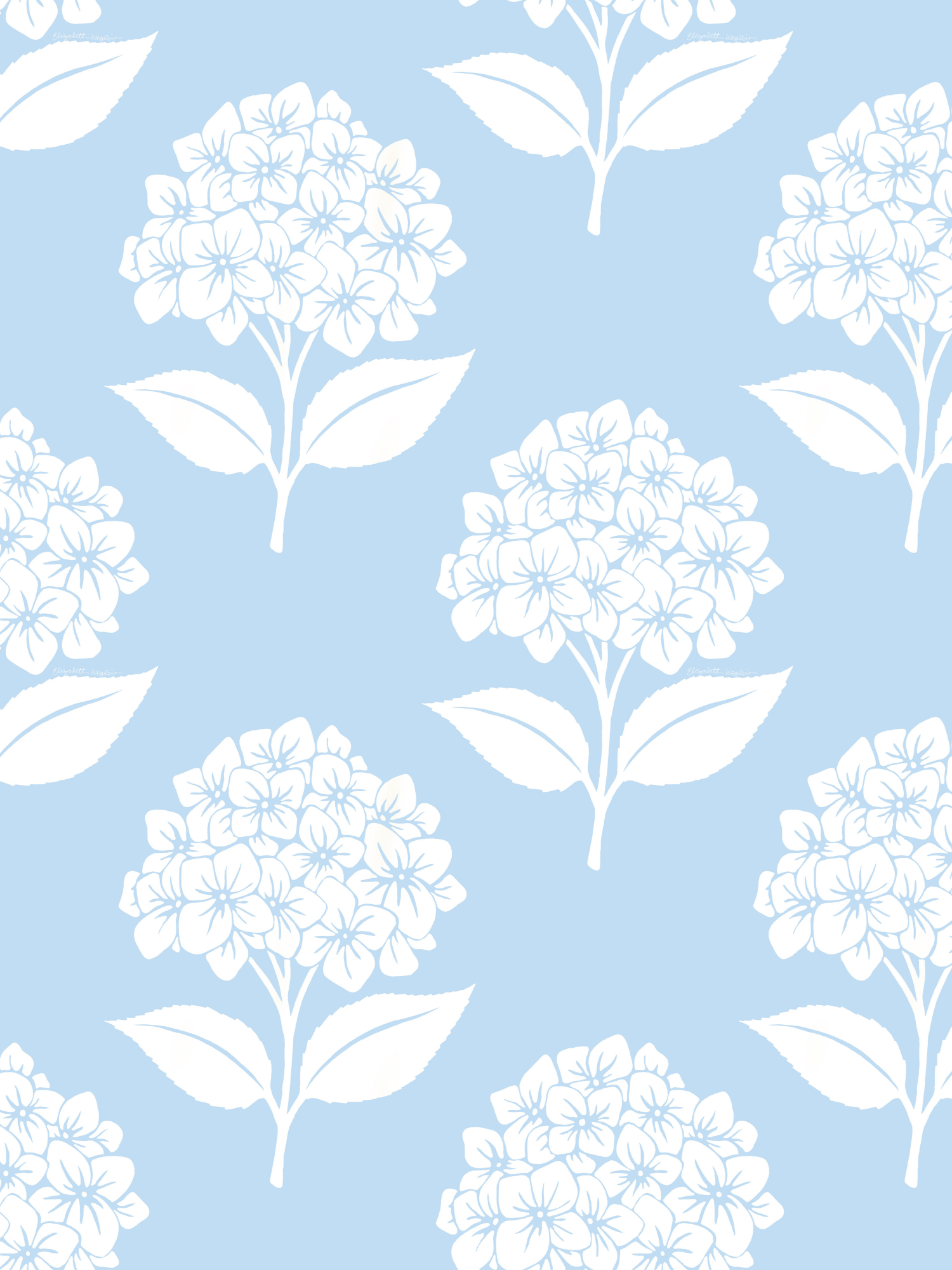 Pattern of white hydrangea blooms on a light blue background