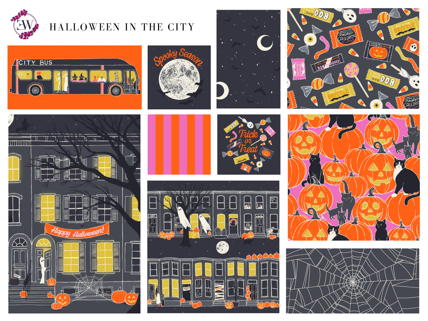Curated collection of Halloween themed illustrations and patterns by Elizabeth Weglein