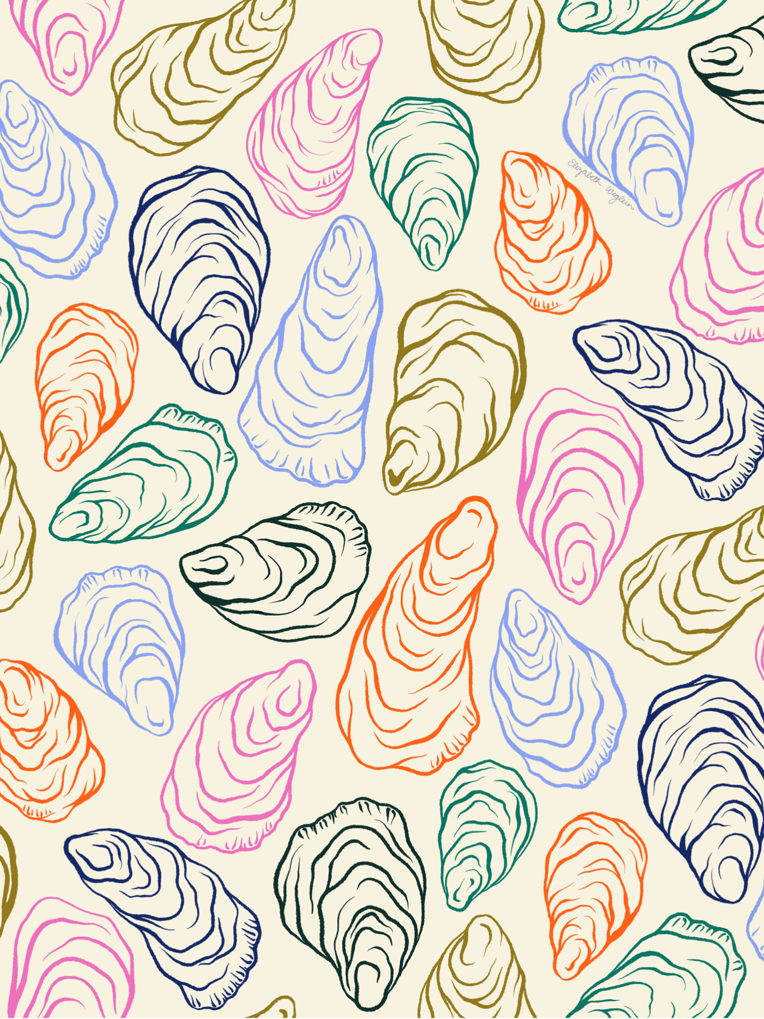 Repeat pattern of oyster shells outlined in various bright colors on cream background