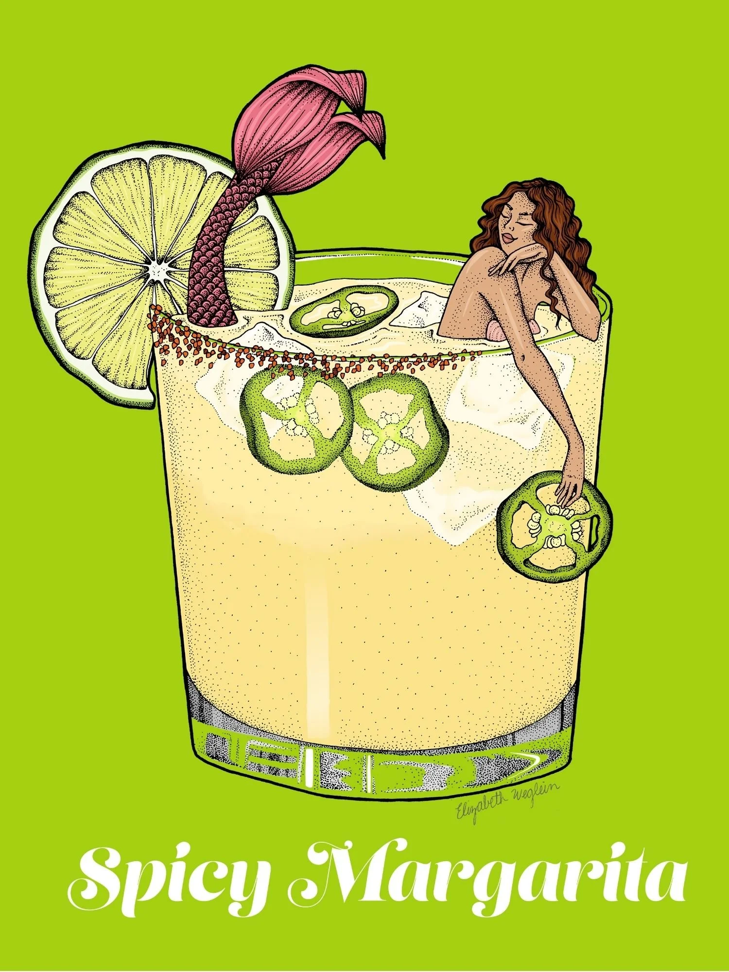 Illustration of a mermaid relaxing in a spicy margarita