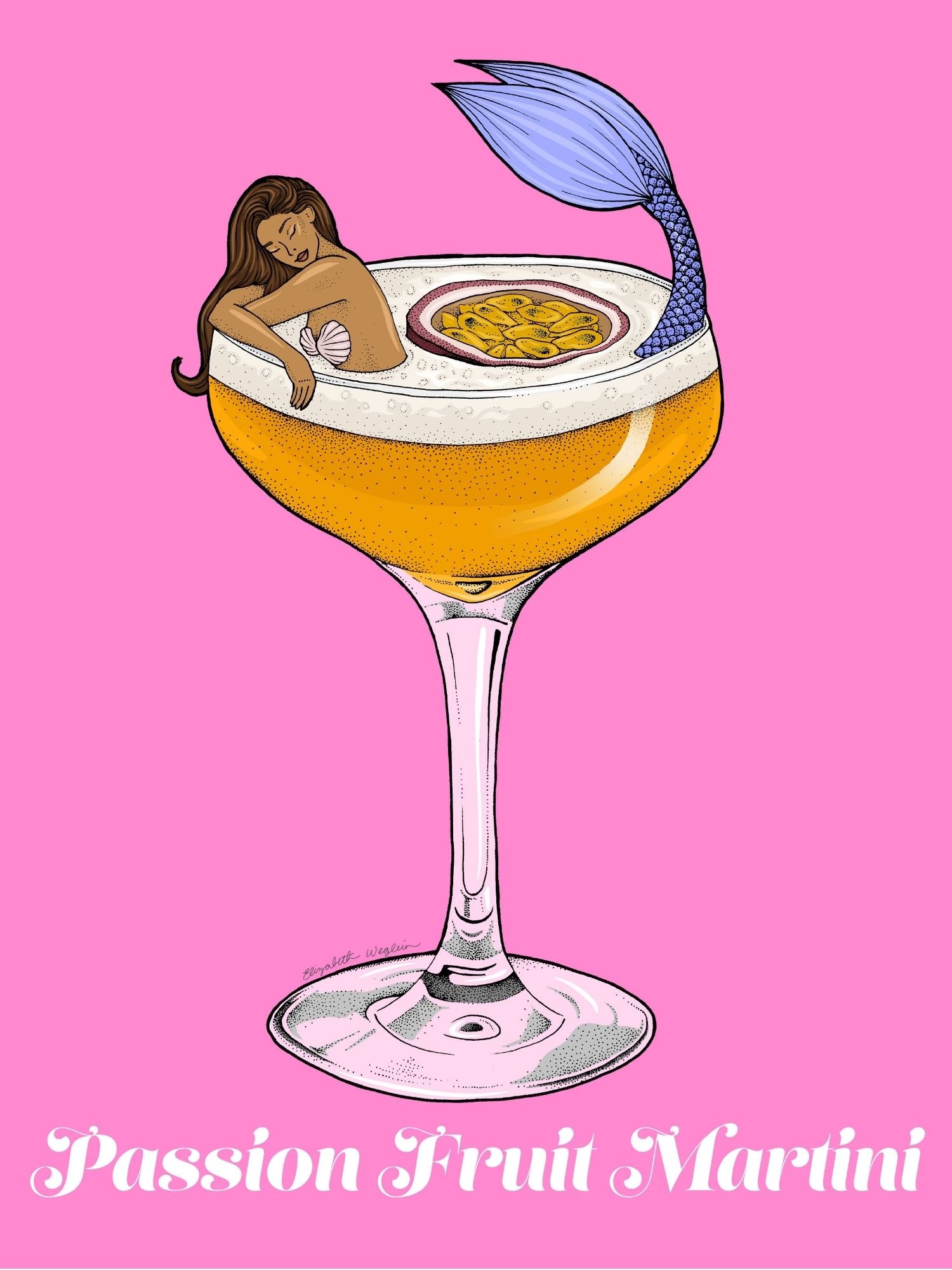 Illustration of a mermaid relaxing in a passionfruit martini